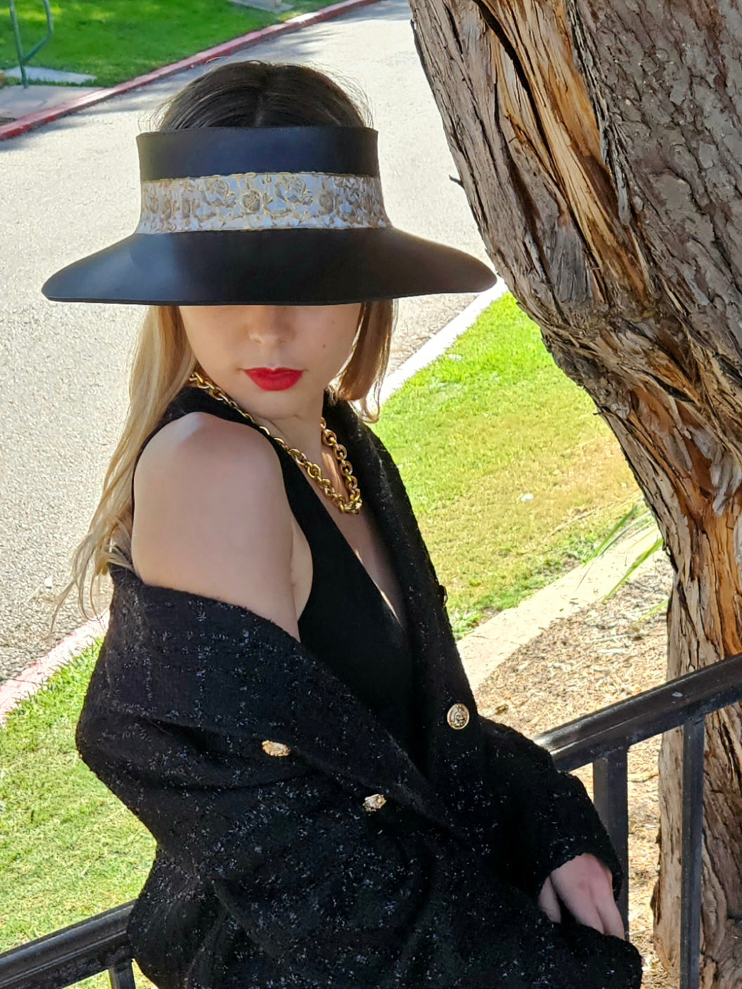 Black "LadyEVA" Visor Hat with Golden Floral Band