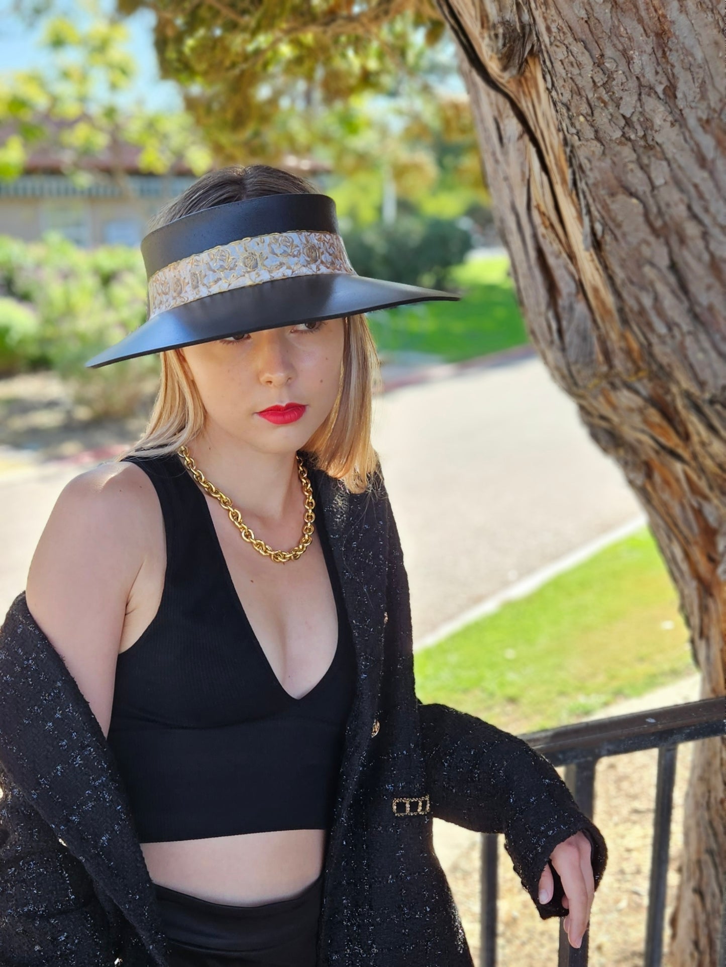 Black "LadyEVA" Visor Hat with Golden Floral Band