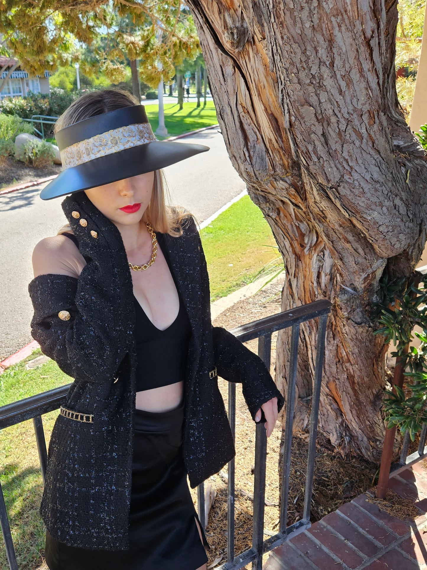 Black "LadyEVA" Visor Hat with Golden Floral Band