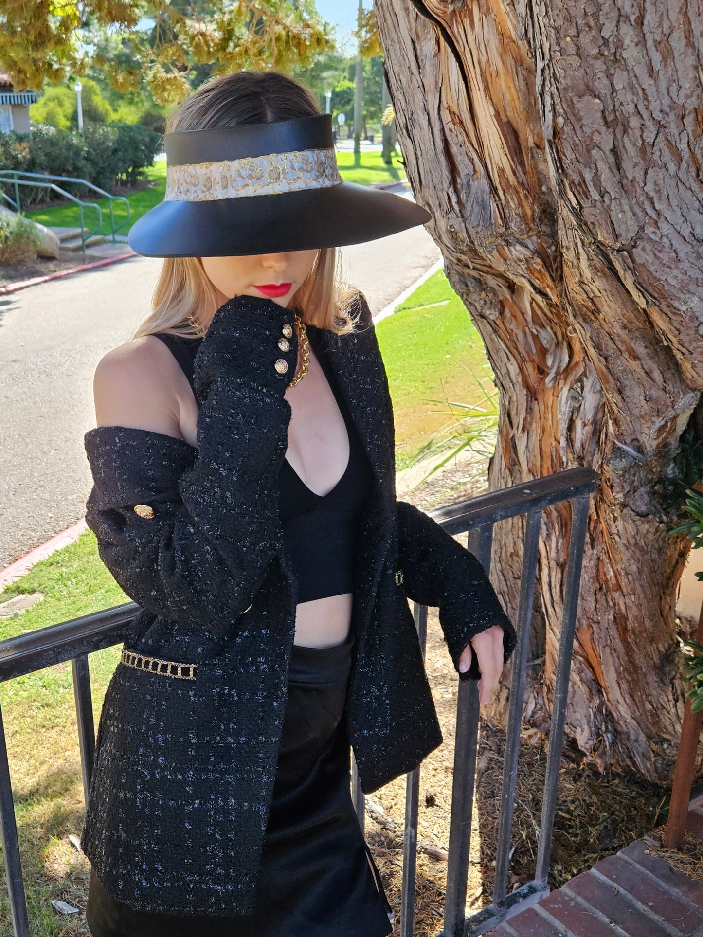 Black "LadyEVA" Visor Hat with Golden Floral Band