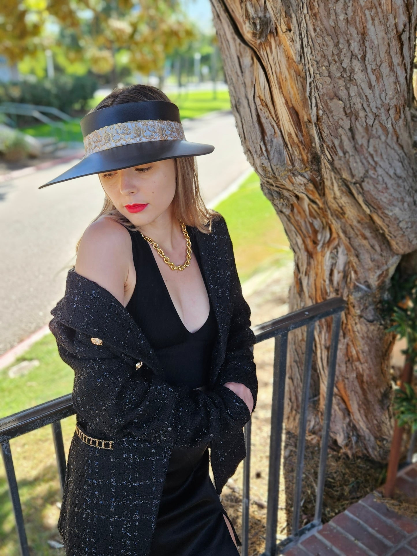 Black "LadyEVA" Visor Hat with Golden Floral Band