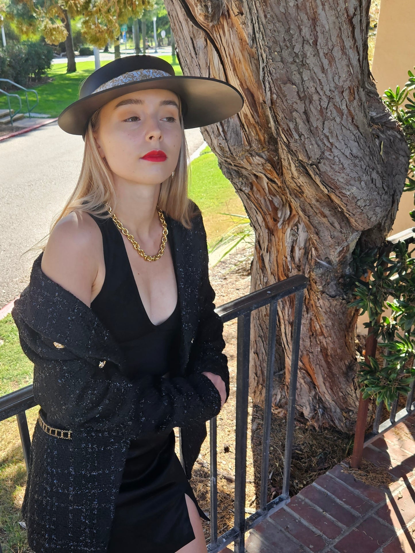 Black "LadyEVA" Visor Hat with Golden Floral Band