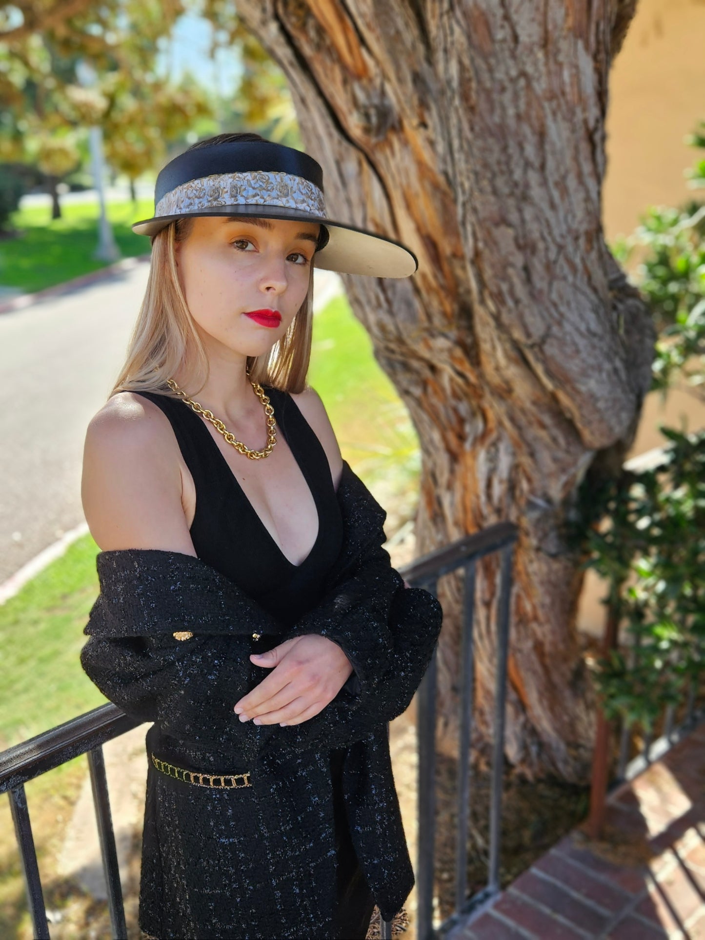 Black "LadyEVA" Visor Hat with Golden Floral Band
