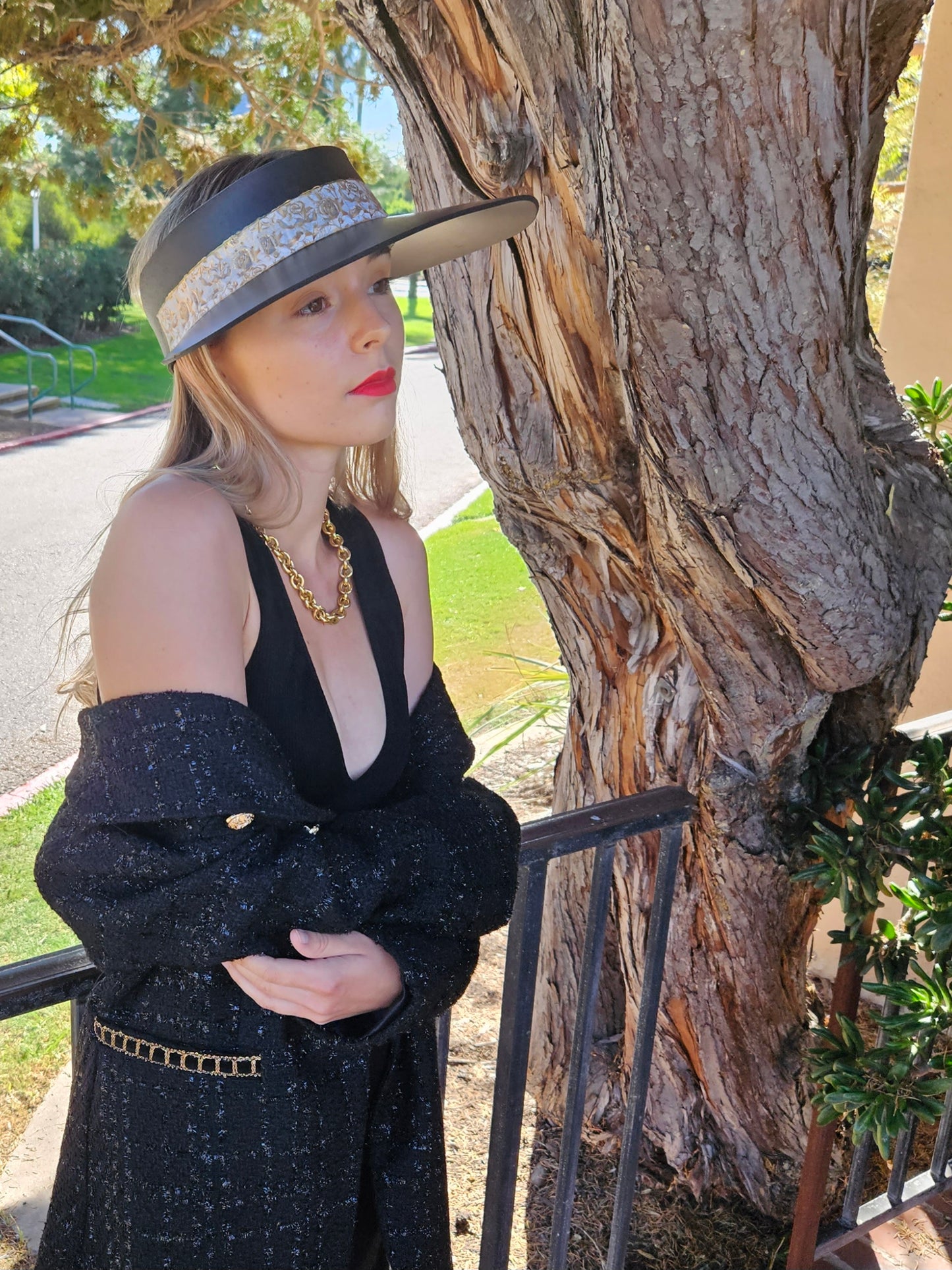 Black "LadyEVA" Visor Hat with Golden Floral Band