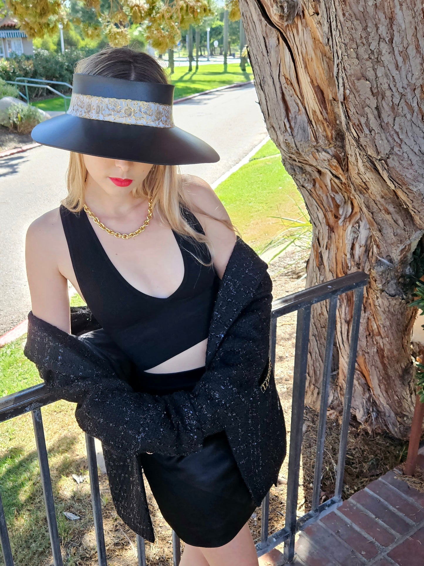 Black "LadyEVA" Visor Hat with Golden Floral Band