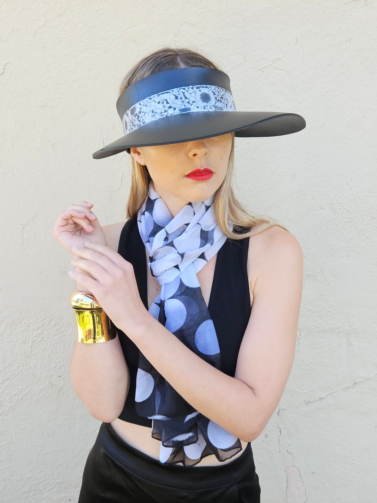 Black "LadyEVA" Visor Hat with Floral Band and Handpainted Motif