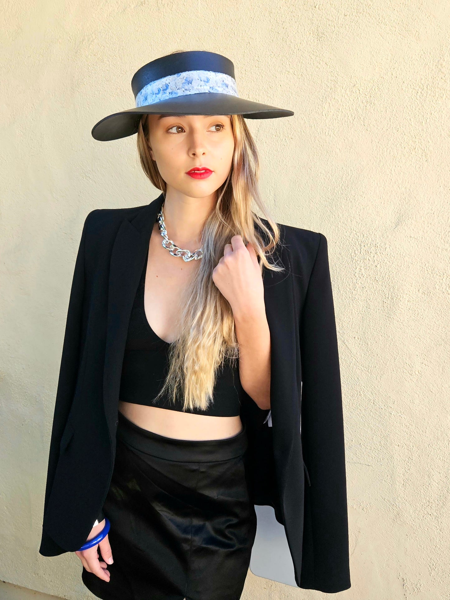 Tall Black "LadyEVA" Visor Hat with Pale Blue Floral Band
