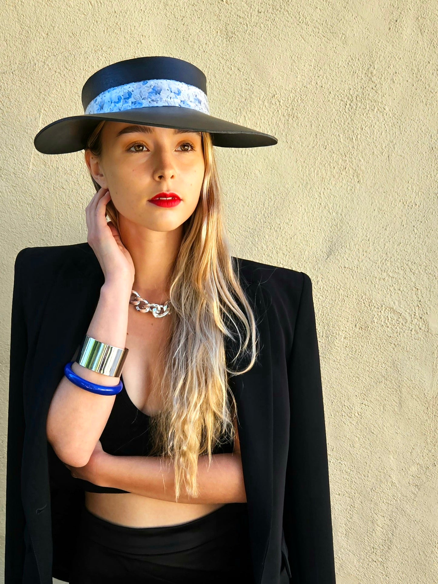 Tall Black "LadyEVA" Visor Hat with Pale Blue Floral Band