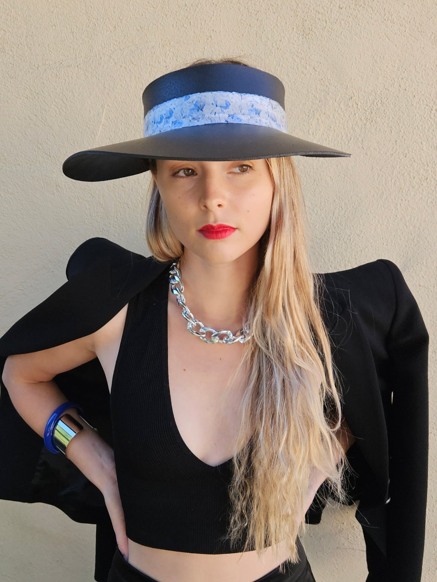 Tall Black "LadyEVA" Visor Hat with Pale Blue Floral Band