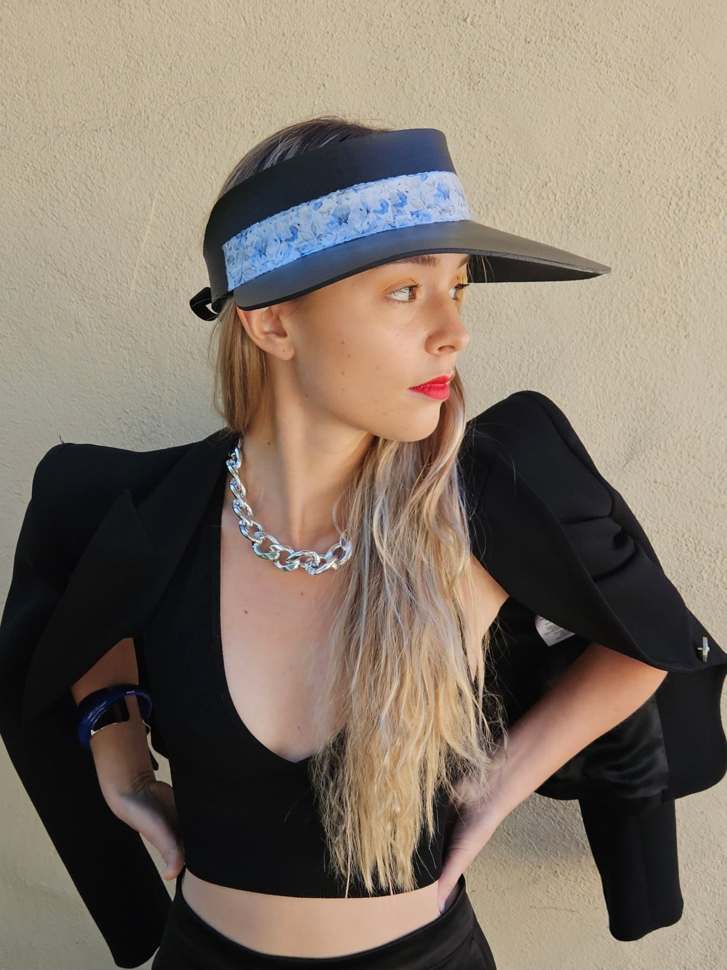 Tall Black "LadyEVA" Visor Hat with Pale Blue Floral Band