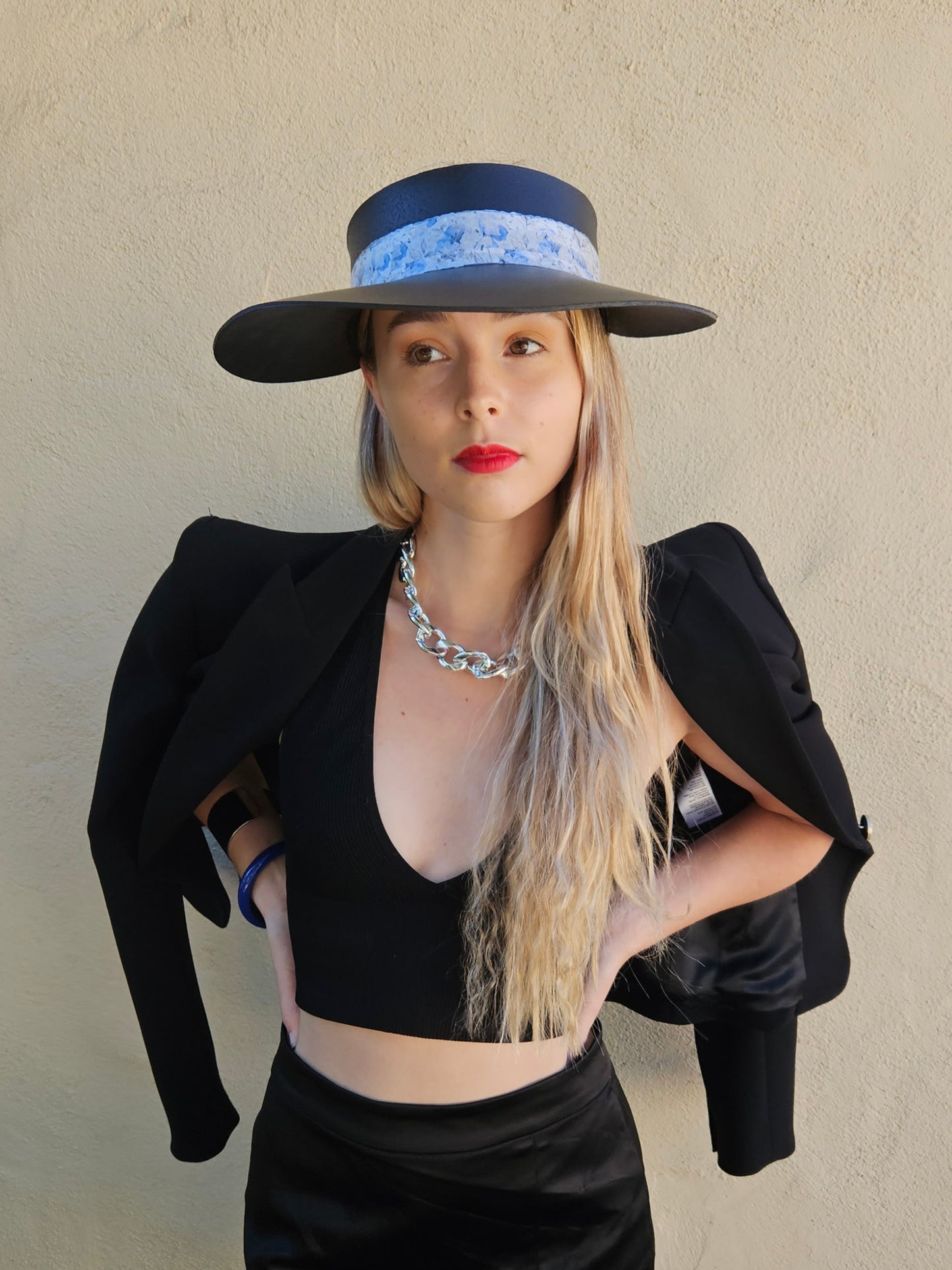 Tall Black "LadyEVA" Visor Hat with Pale Blue Floral Band