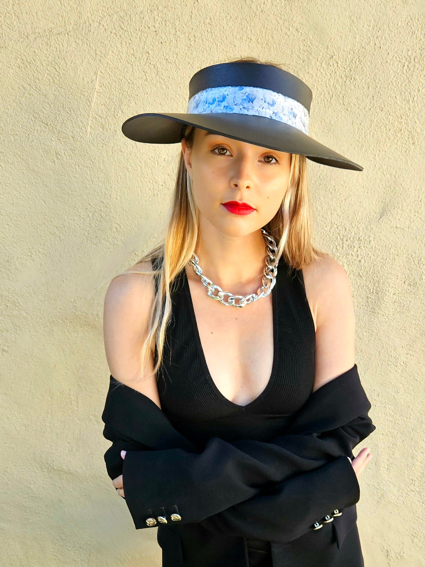 Tall Black "LadyEVA" Visor Hat with Pale Blue Floral Band