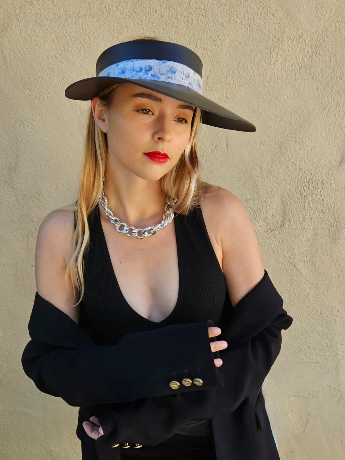 Tall Black "LadyEVA" Visor Hat with Pale Blue Floral Band