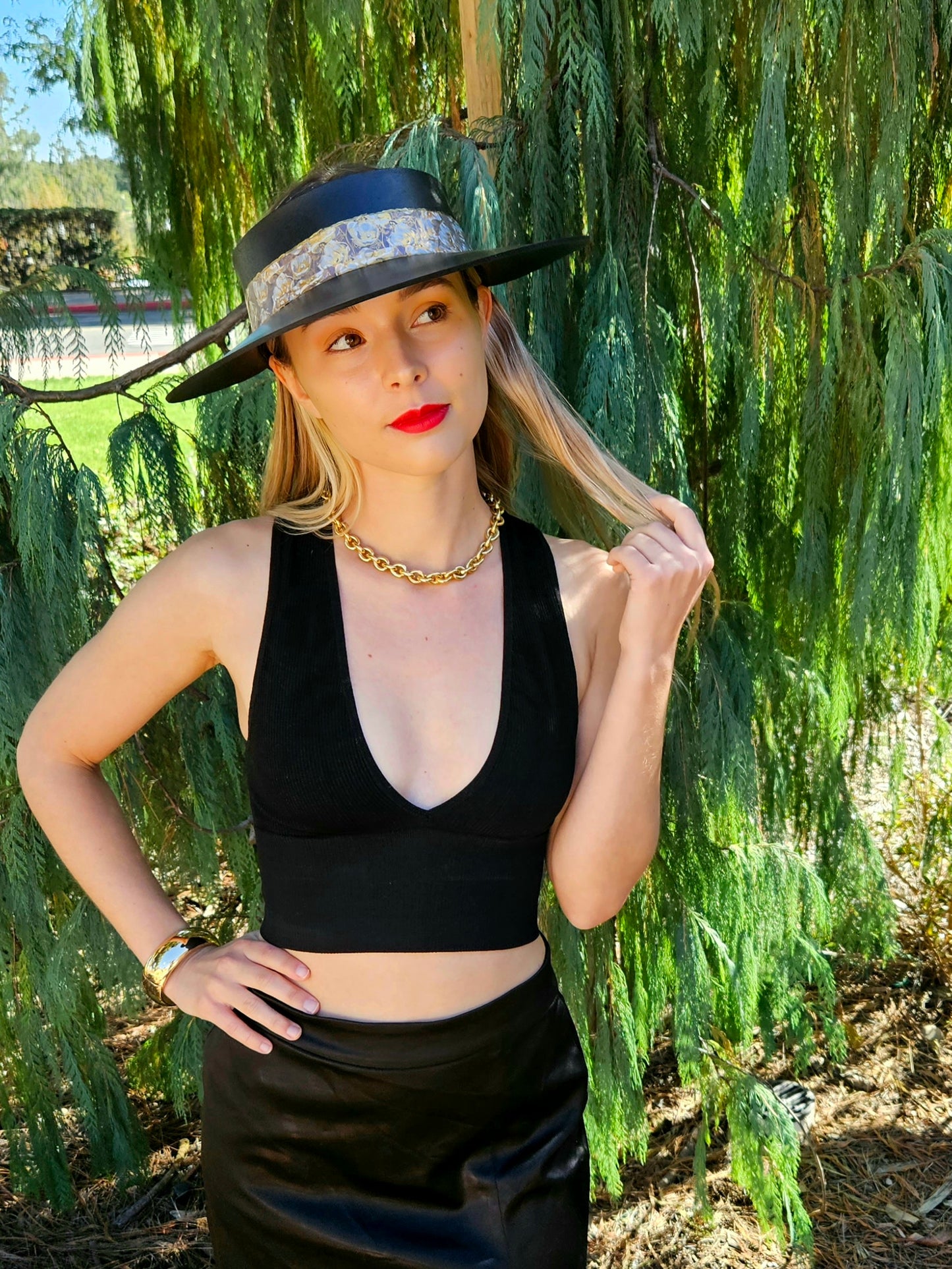 Black "LadyEVA" Visor Hat with Golden Floral Band