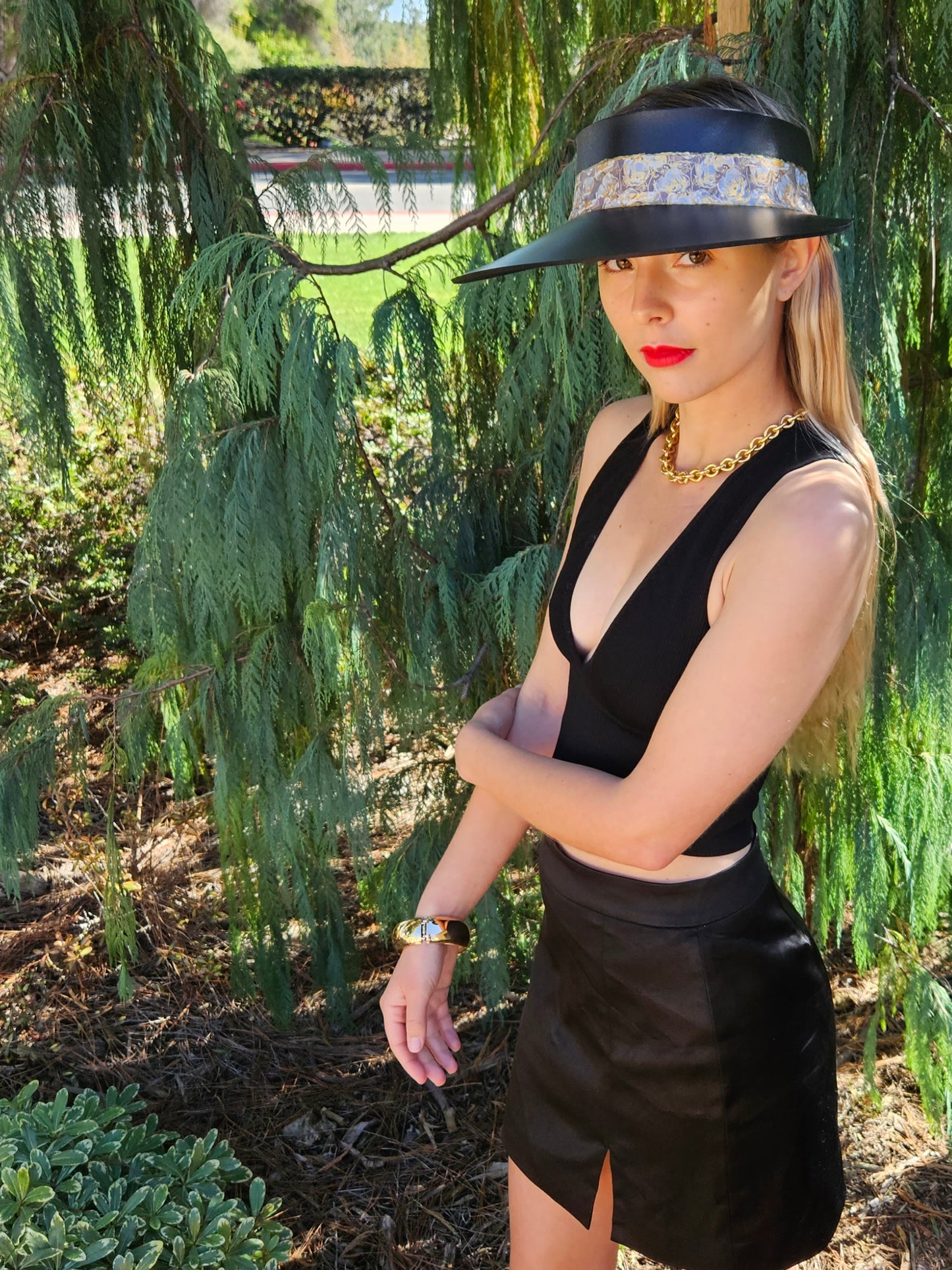 Black "LadyEVA" Visor Hat with Golden Floral Band