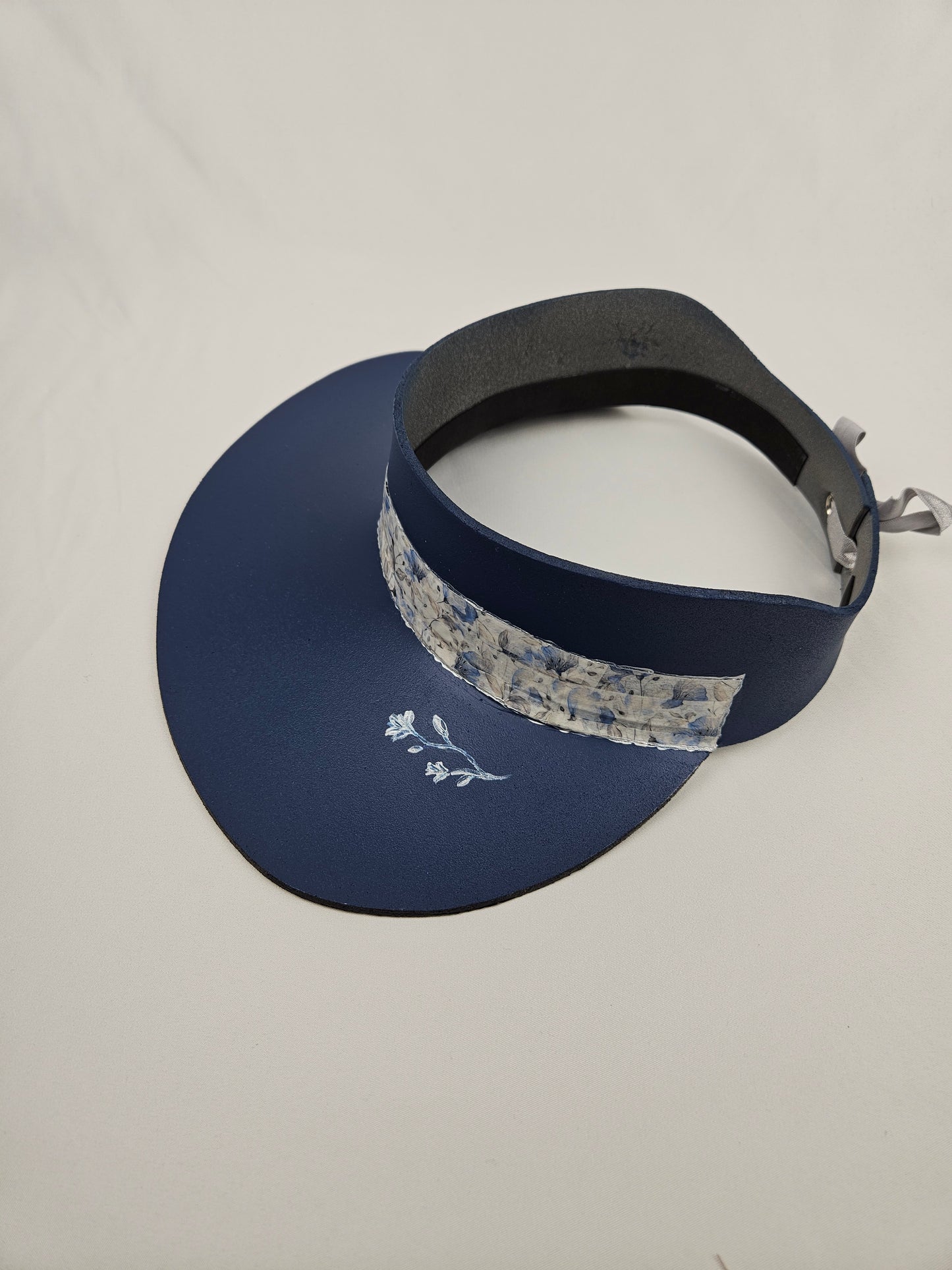 Navy Blue Visor Hat - Blue Floral Band and Handpainted Floral Motif