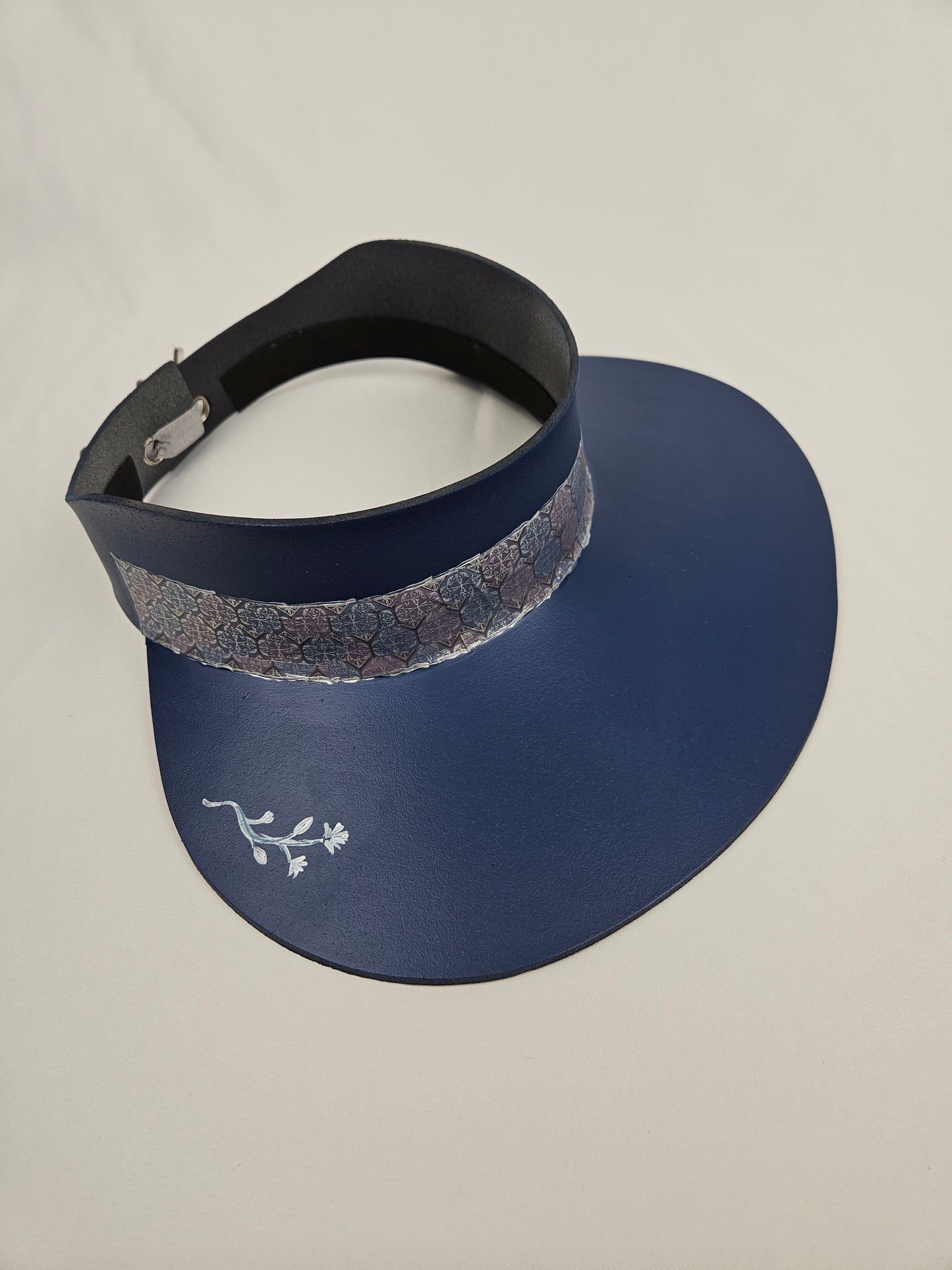 Navy Blue Visor Hat -Silver Geometric Band and Handpainted Floral Motif
