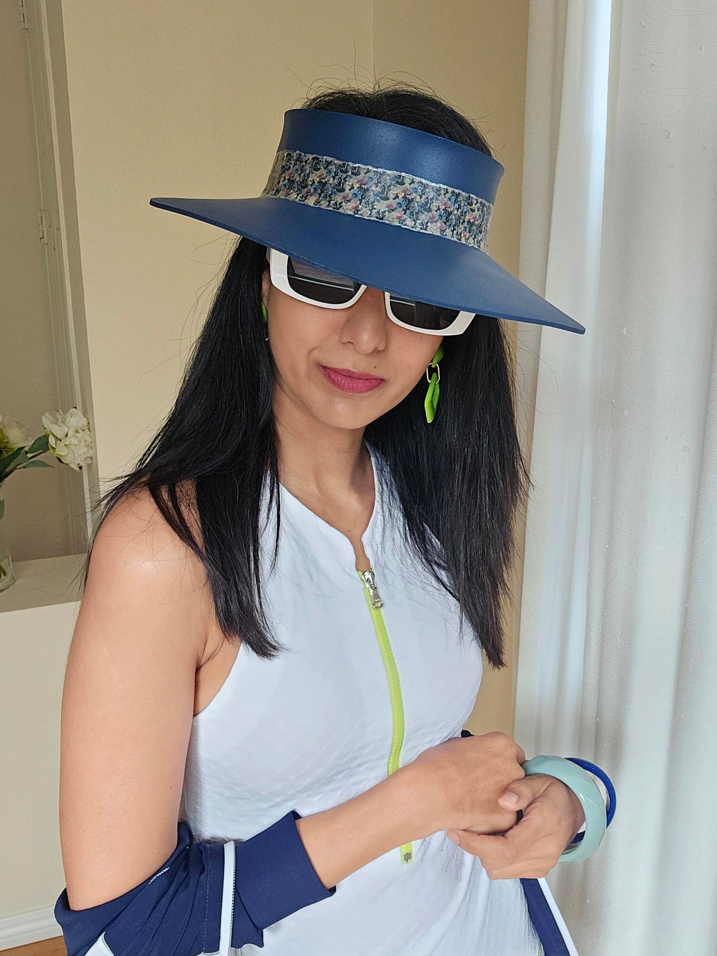 Navy Blue "LadyEVA" Visor Hat with Dark Floral Band
