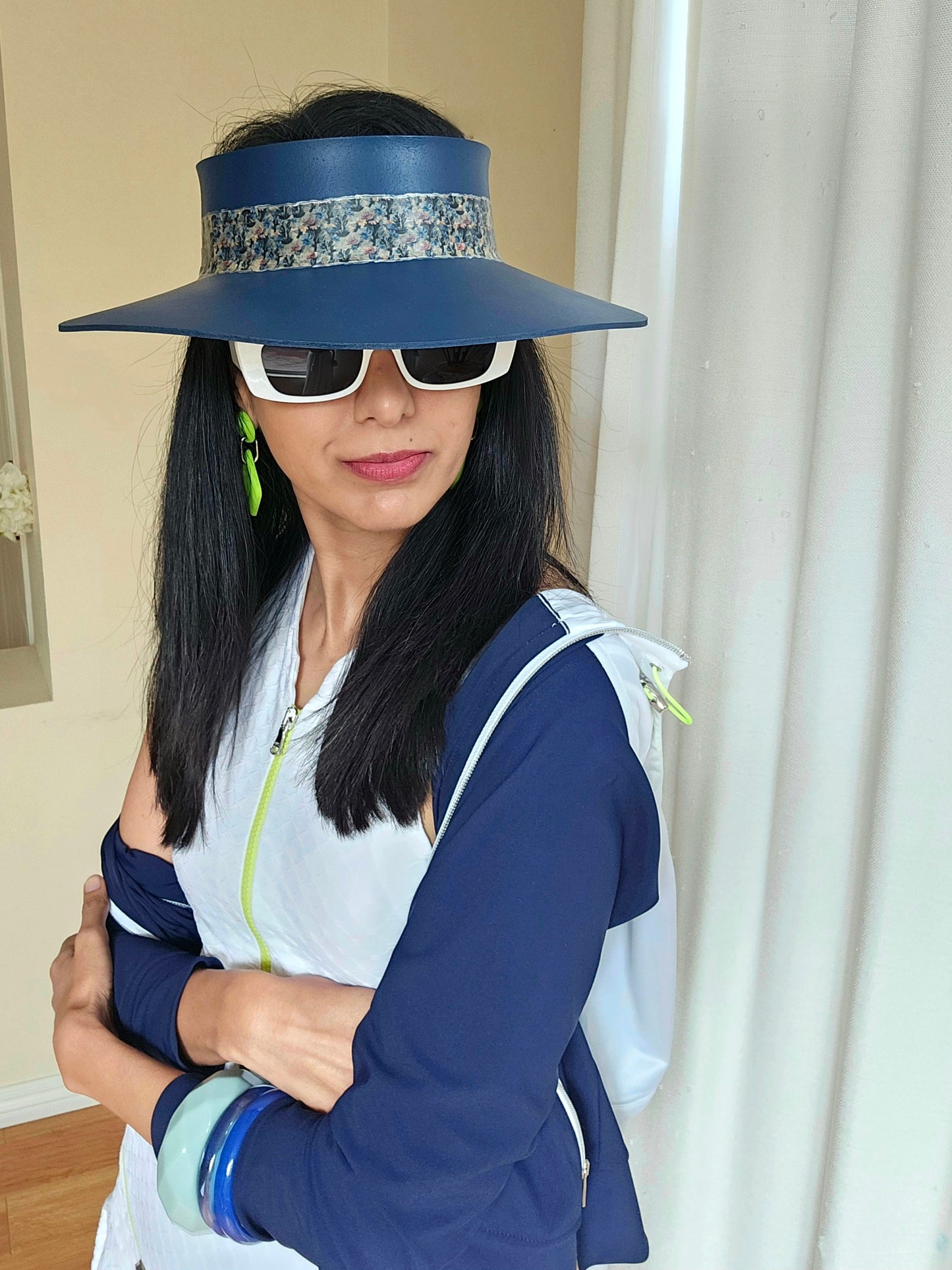 Navy Blue "LadyEVA" Visor Hat with Dark Floral Band