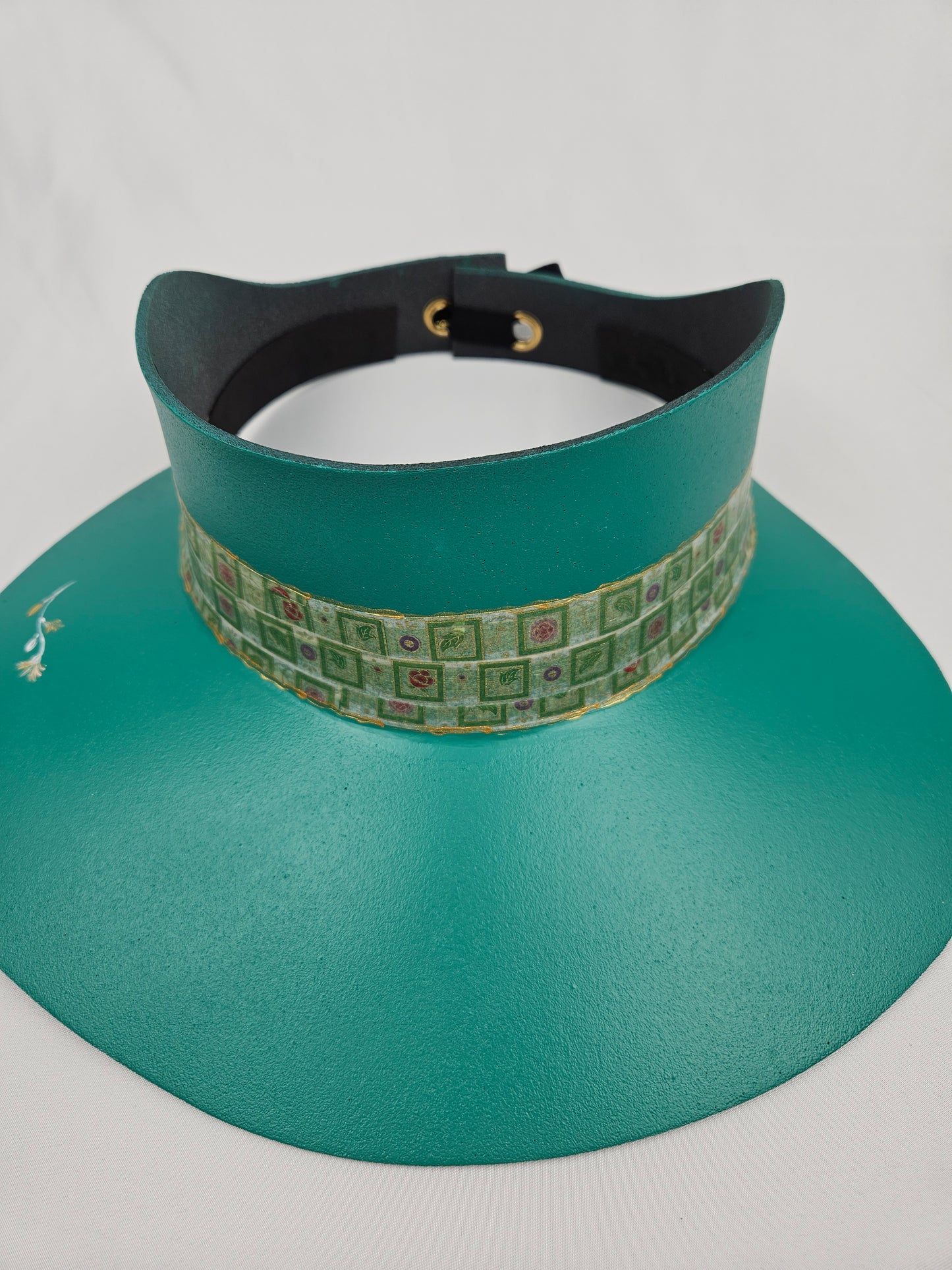 Emerald Green Visor Hat - Golden Band and Hand painted Floral