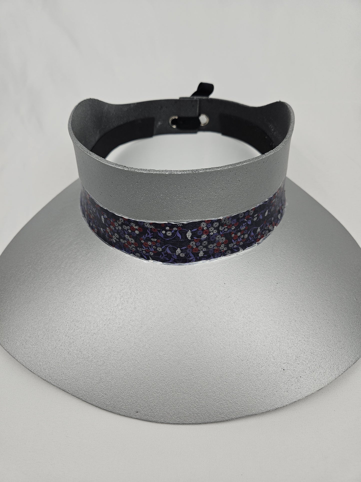 Tall Silver Visor Hat - Dark Purple Floral Band