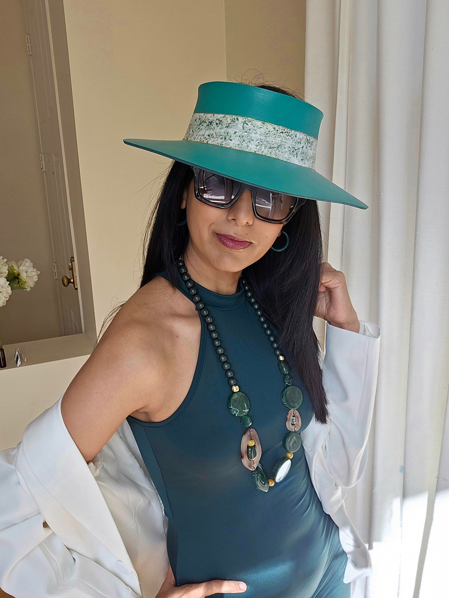 Tall Emerald Green LadyEVA Visor Hat with Crinkled White/Green Floral Band