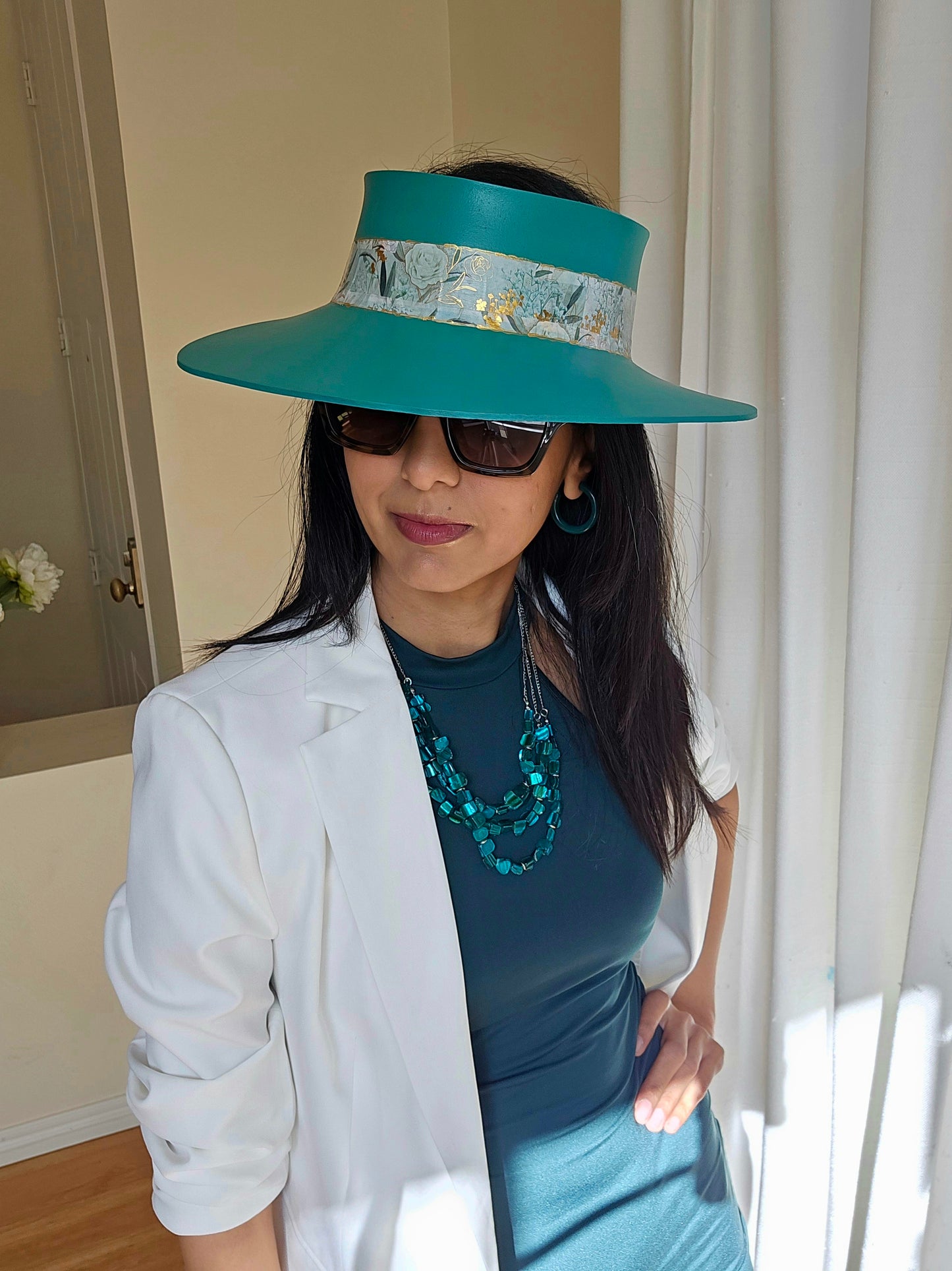 Tall Emerald Green LadyEVA Visor Hat with Golden Floral Band