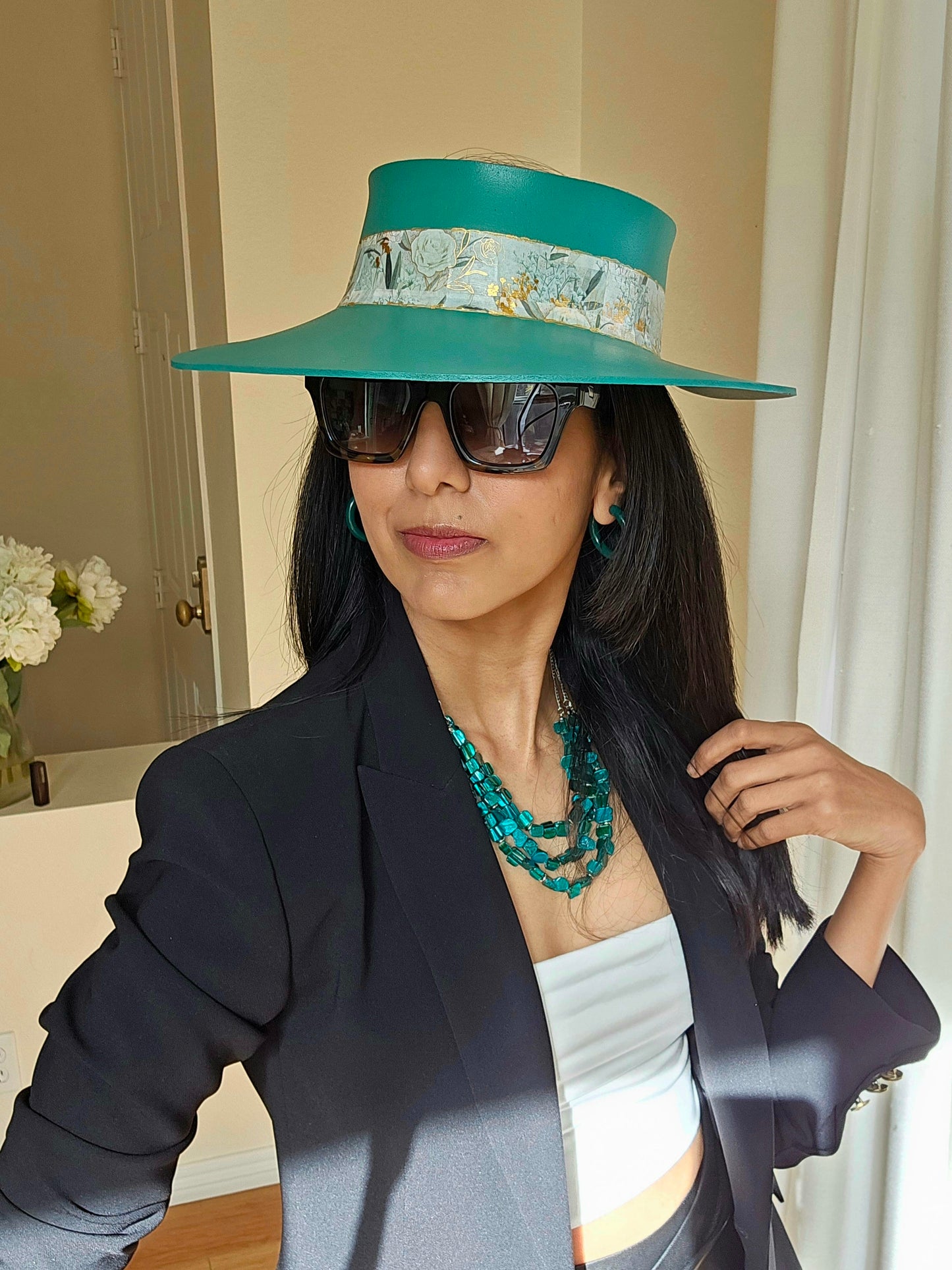 Tall Emerald Green Visor Hat - Golden Floral Band