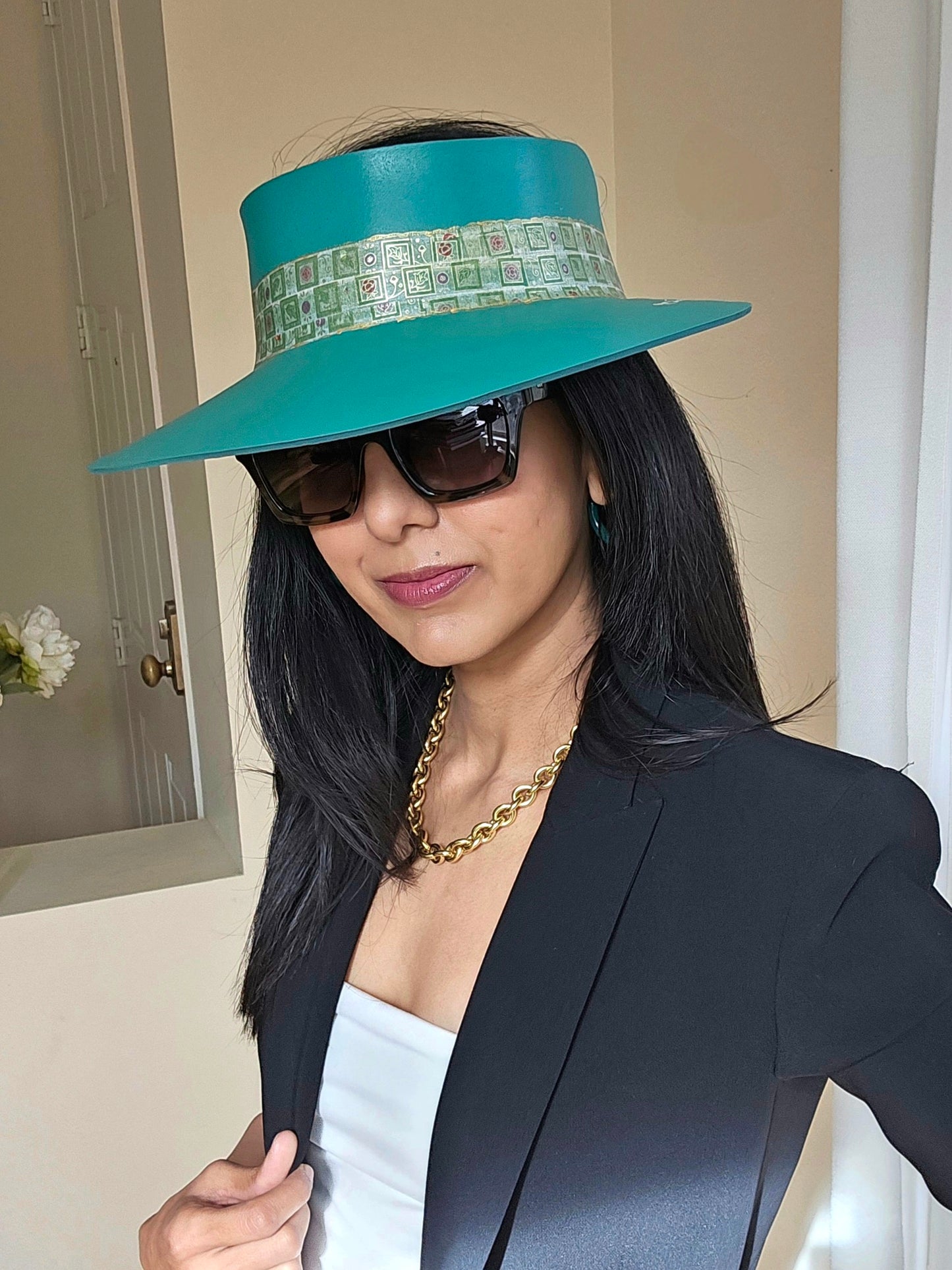 Emerald Green Visor Hat - Golden Band and Hand painted Floral