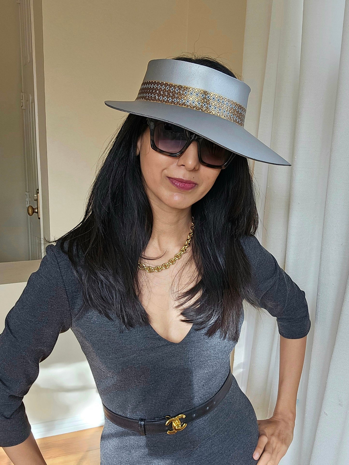 Silver Visor Hat - Gold, Black Geometric Band