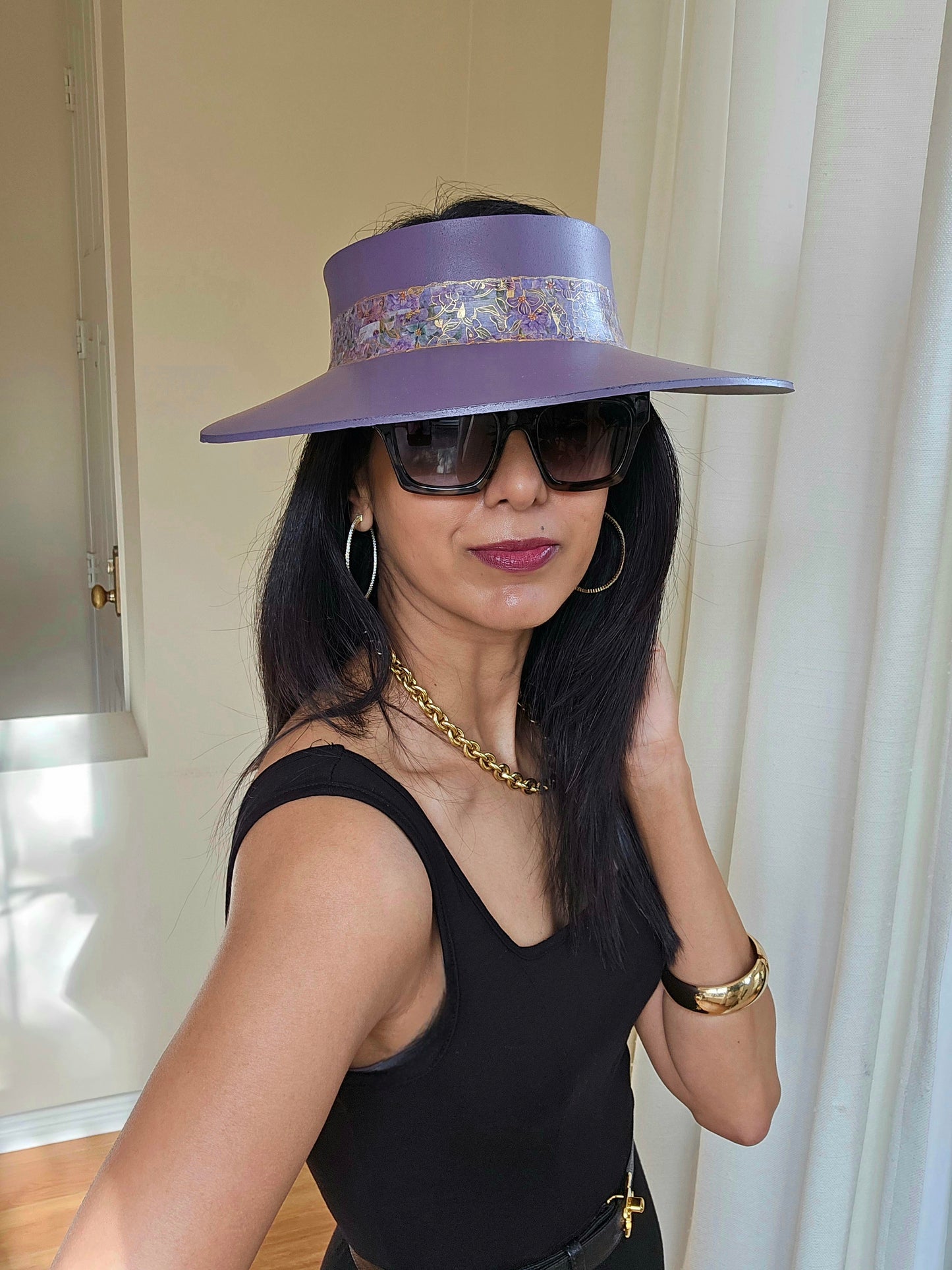 Purple "LadyEVA" Visor Hat with Golden Floral Band