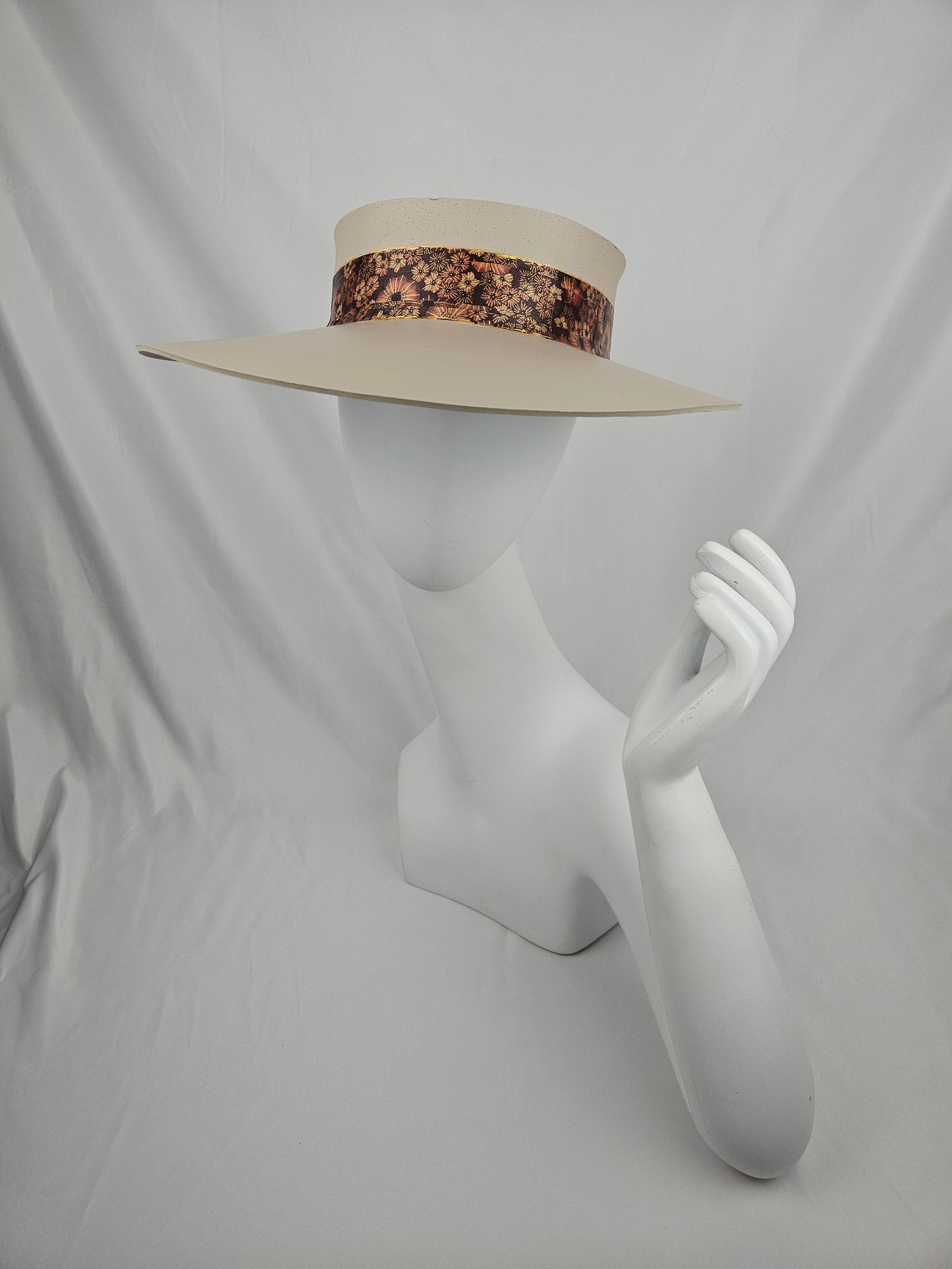 Taupe "LadyEVA" Visor Hat with Warm Brown and Rust Floral Band
