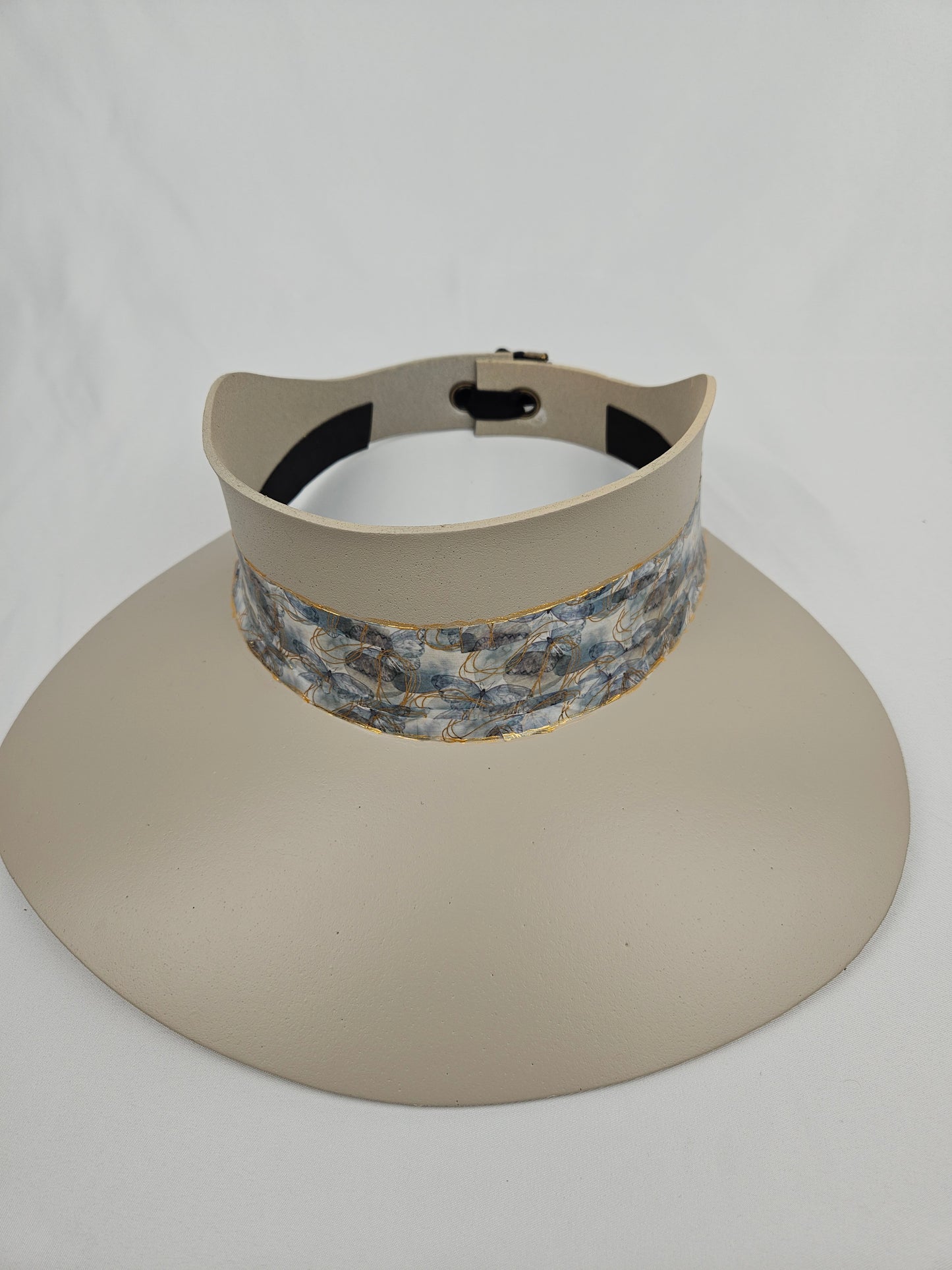 Tall Taupe Visor Hat - Soft Blue Floral Band