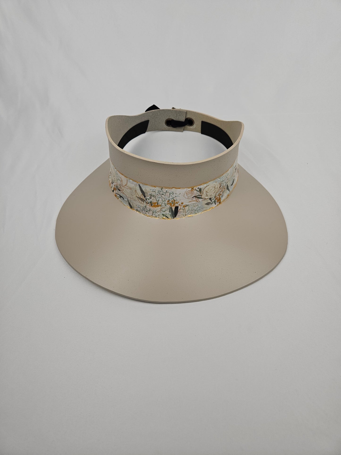 Tall Taupe Visor Hat - Golden White Floral Band