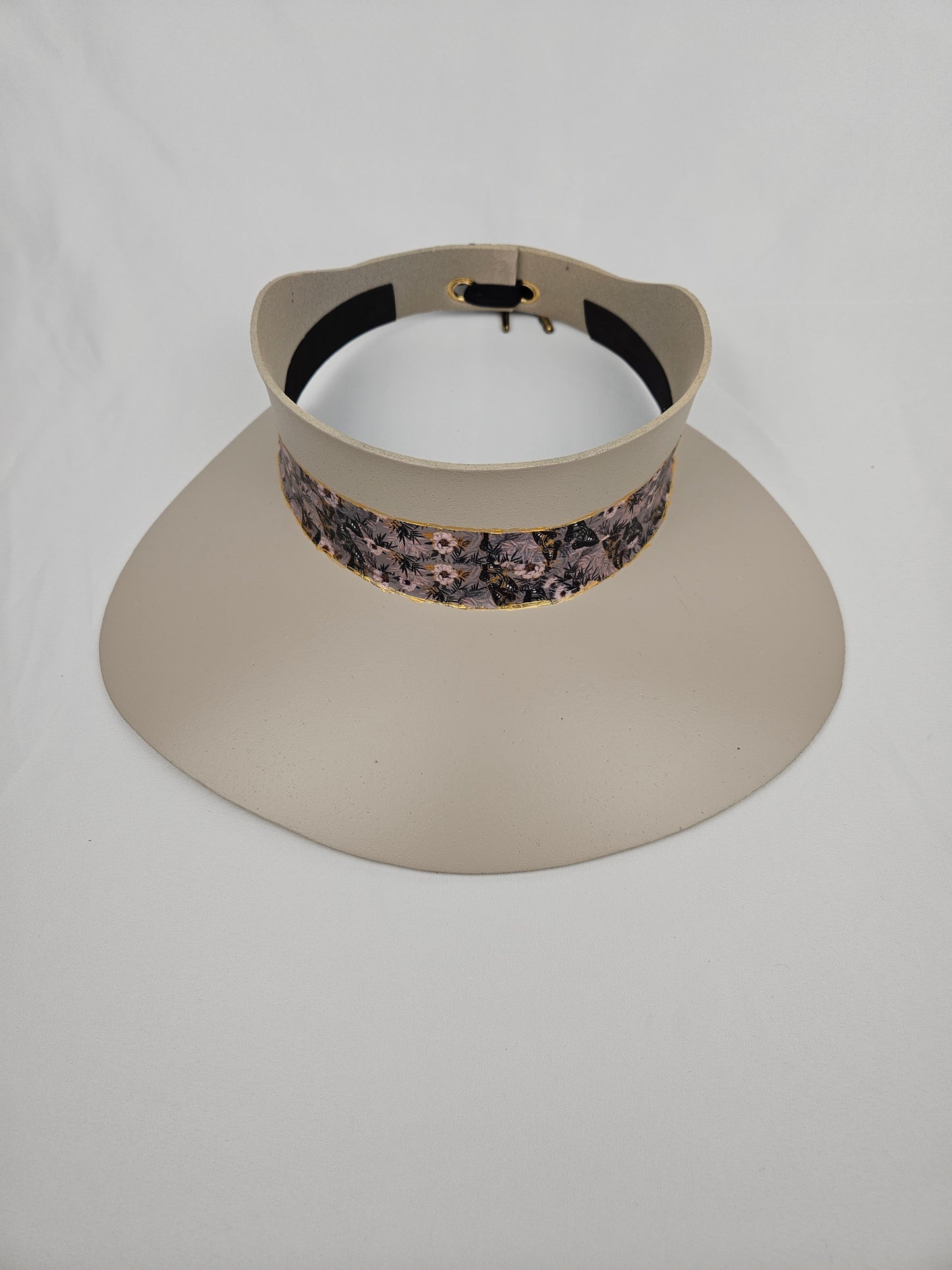 Taupe "LadyEVA" Visor Hat with Elegant Light Pink and Lavender Floral Band