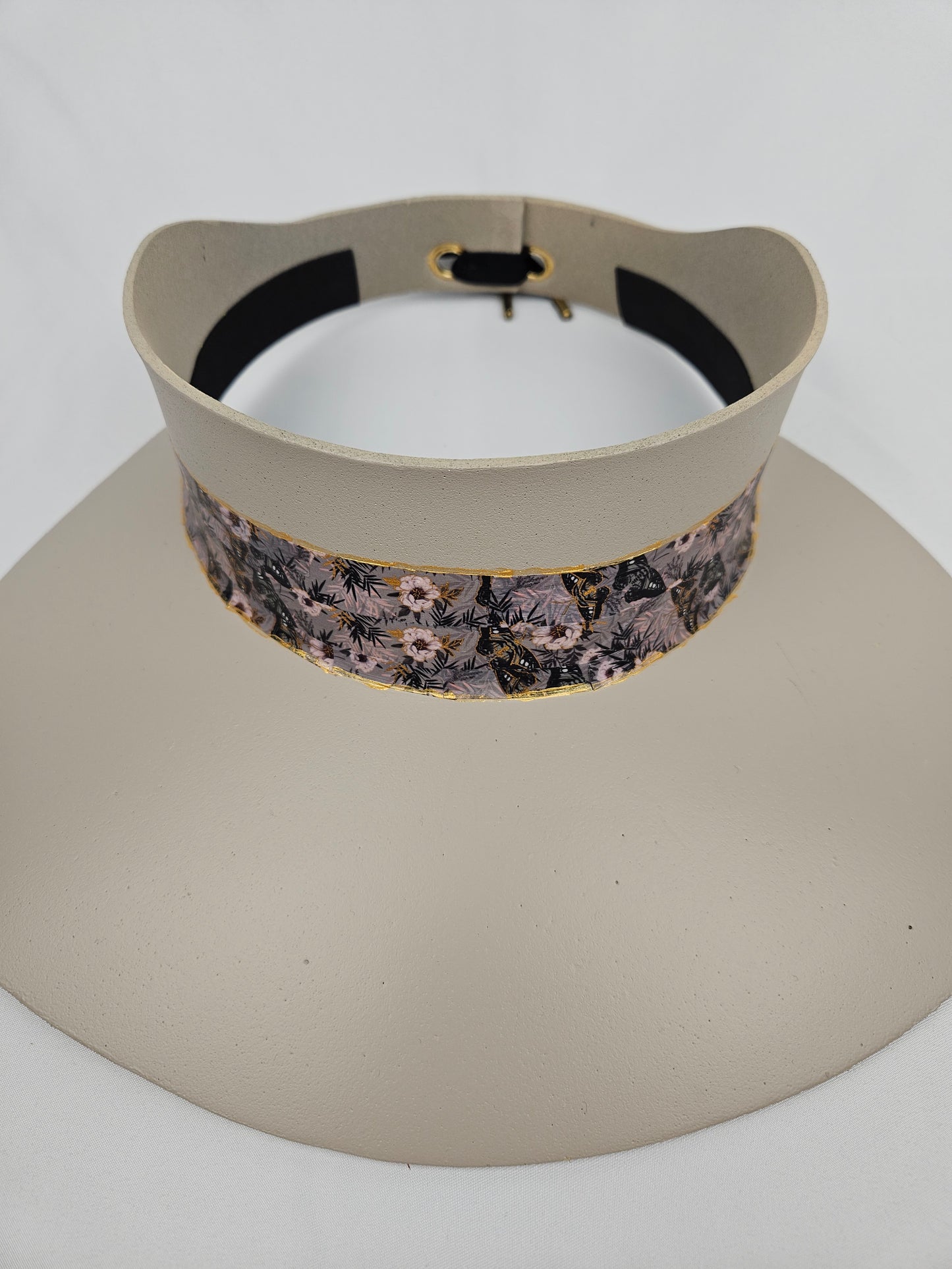 Taupe "LadyEVA" Visor Hat with Elegant Light Pink and Lavender Floral Band