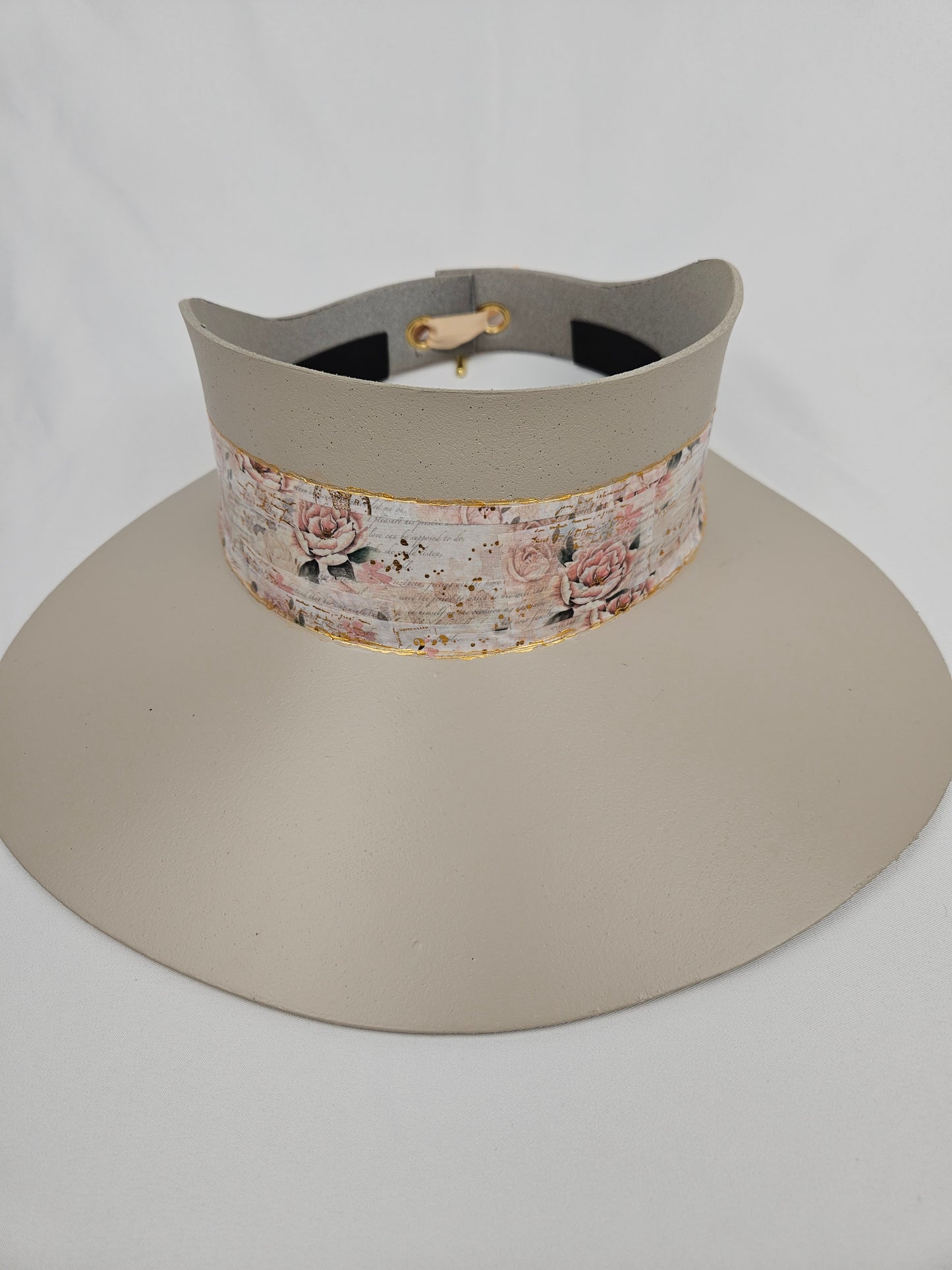 Tall Taupe "LadyEVA" Visor Hat with Delicate Pink Floral Band