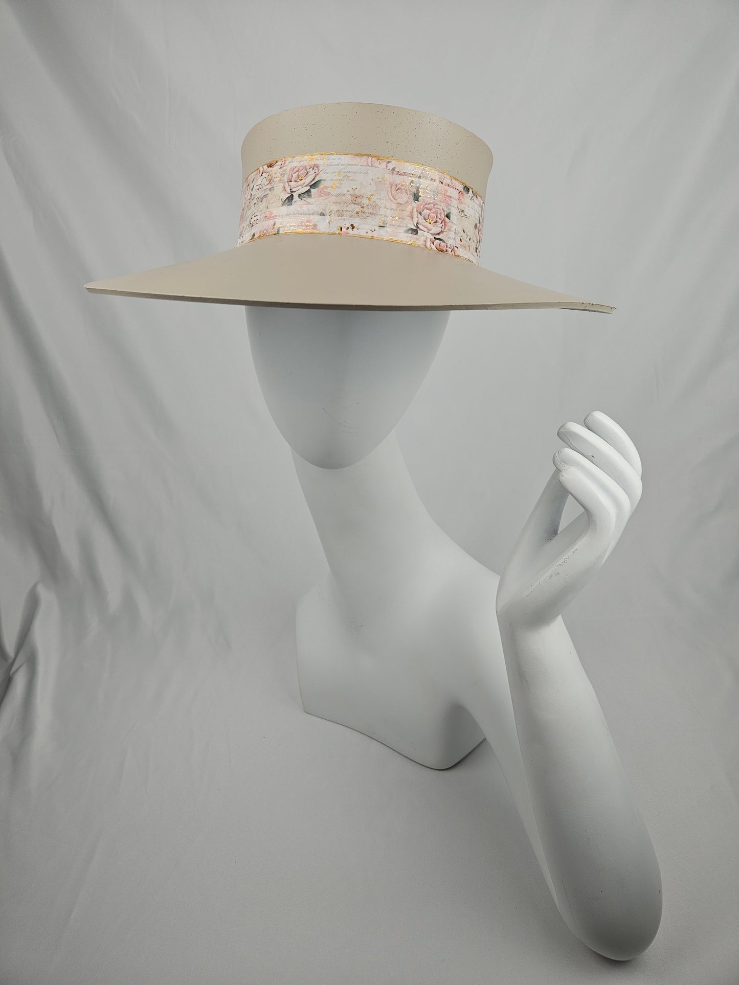 Tall Taupe "LadyEVA" Visor Hat with Delicate Pink Floral Band