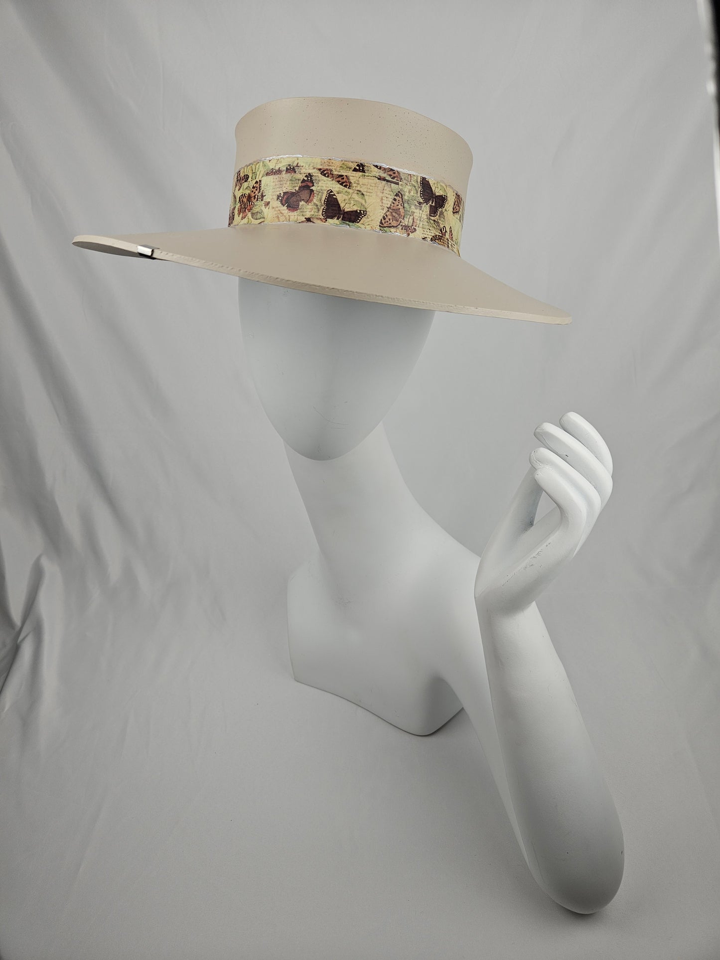 Tall Taupe "LadyEVA" Visor Hat with Neutral Butterfly Band and Silver Accent