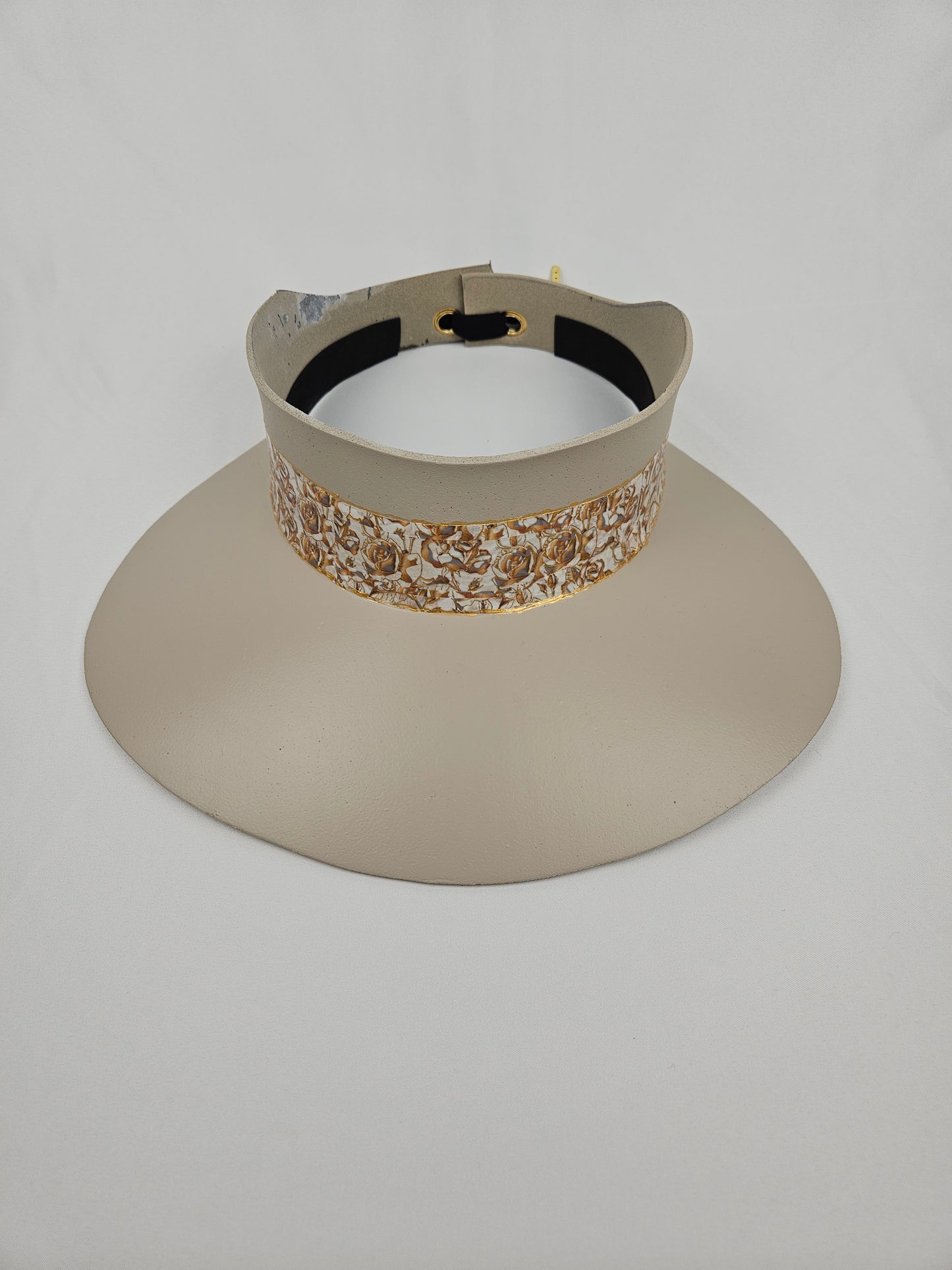 Taupe "LadyEVA" Visor Hat with Golden Floral Band