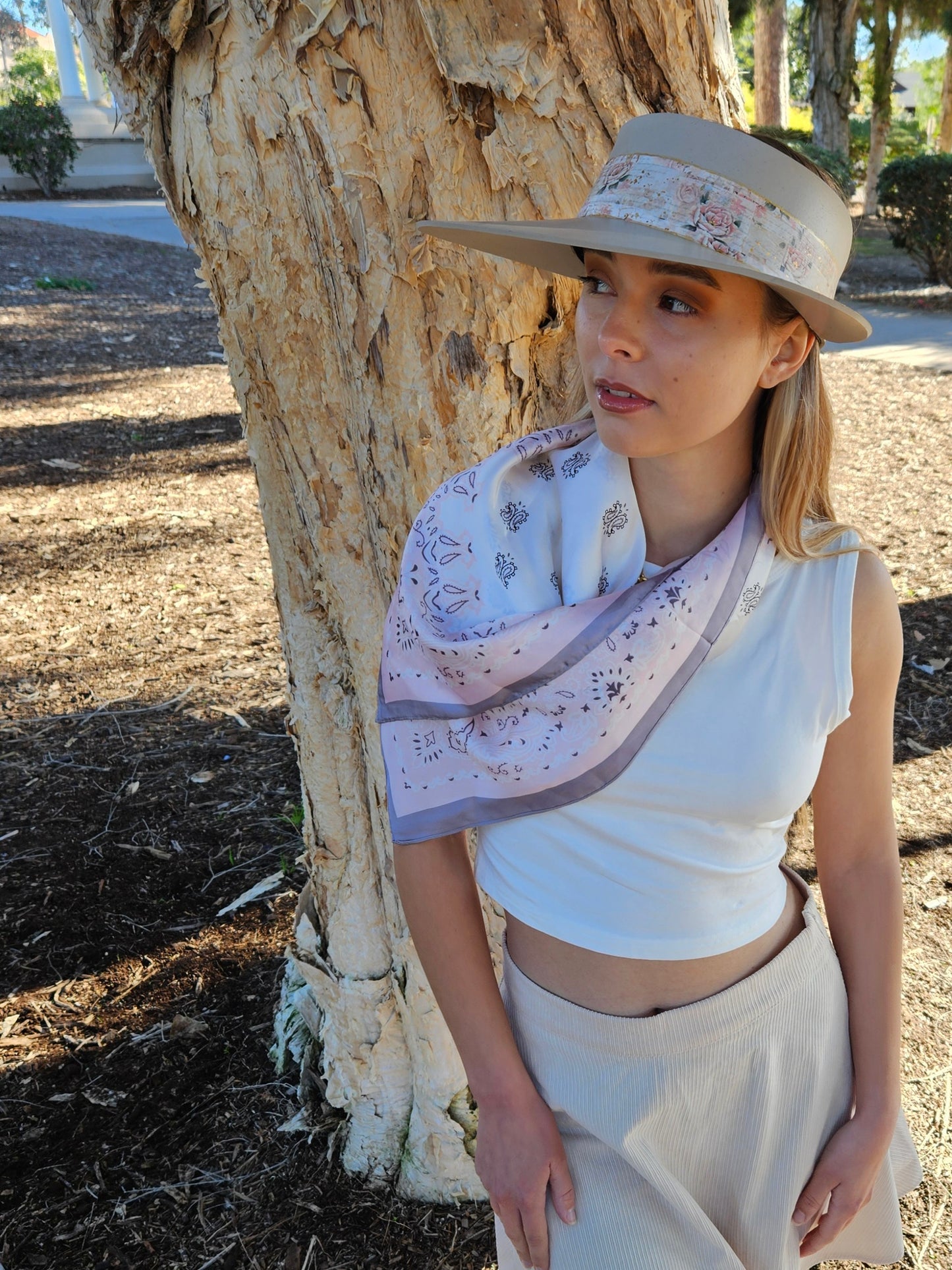 Tall Taupe "LadyEVA" Visor Hat with Delicate Pink Floral Band