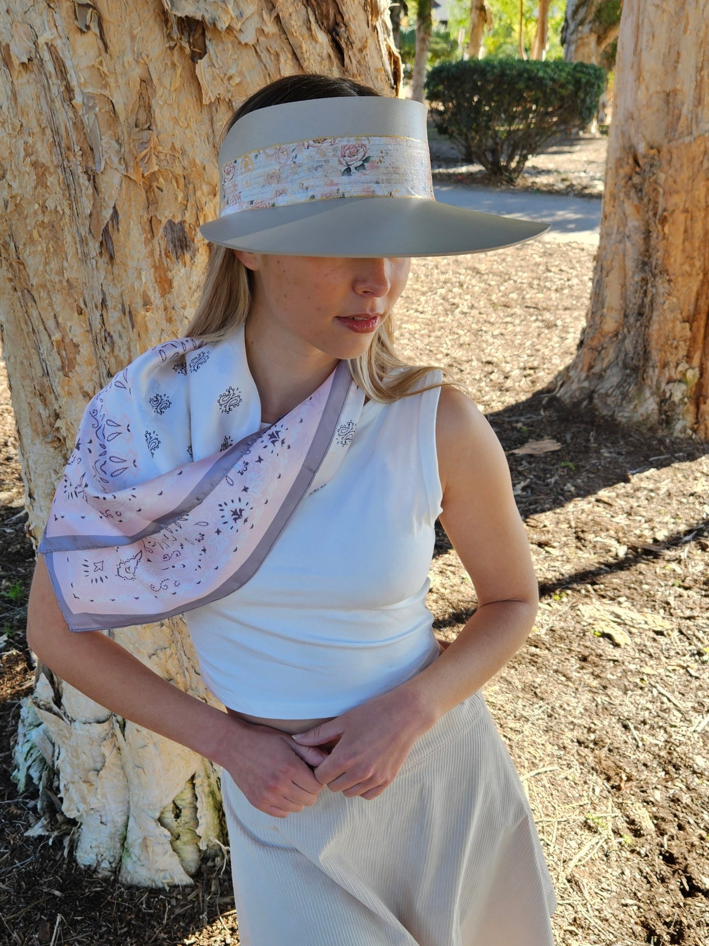 Tall Taupe "LadyEVA" Visor Hat with Delicate Pink Floral Band