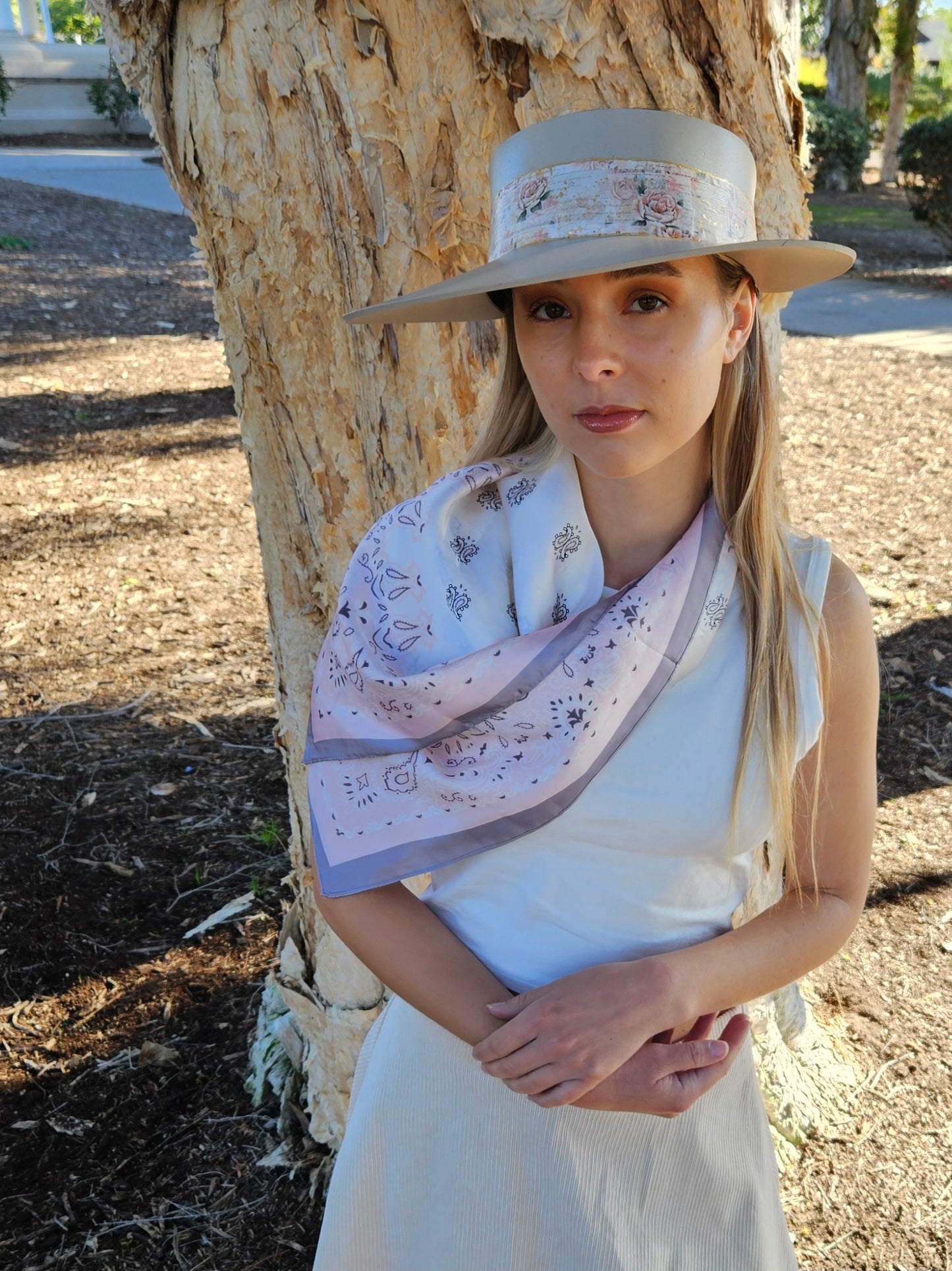 Tall Taupe "LadyEVA" Visor Hat with Delicate Pink Floral Band
