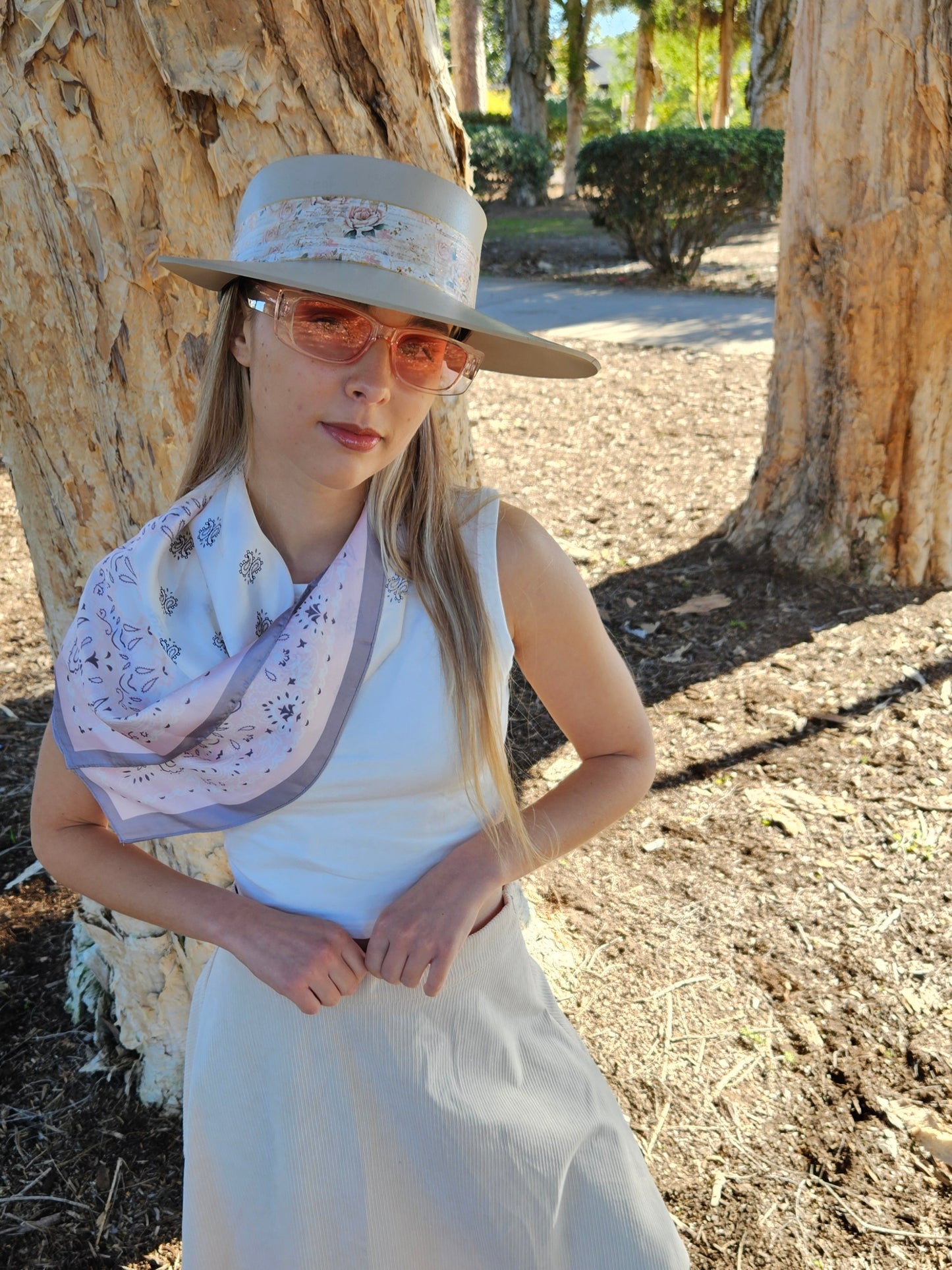 Tall Taupe "LadyEVA" Visor Hat with Delicate Pink Floral Band