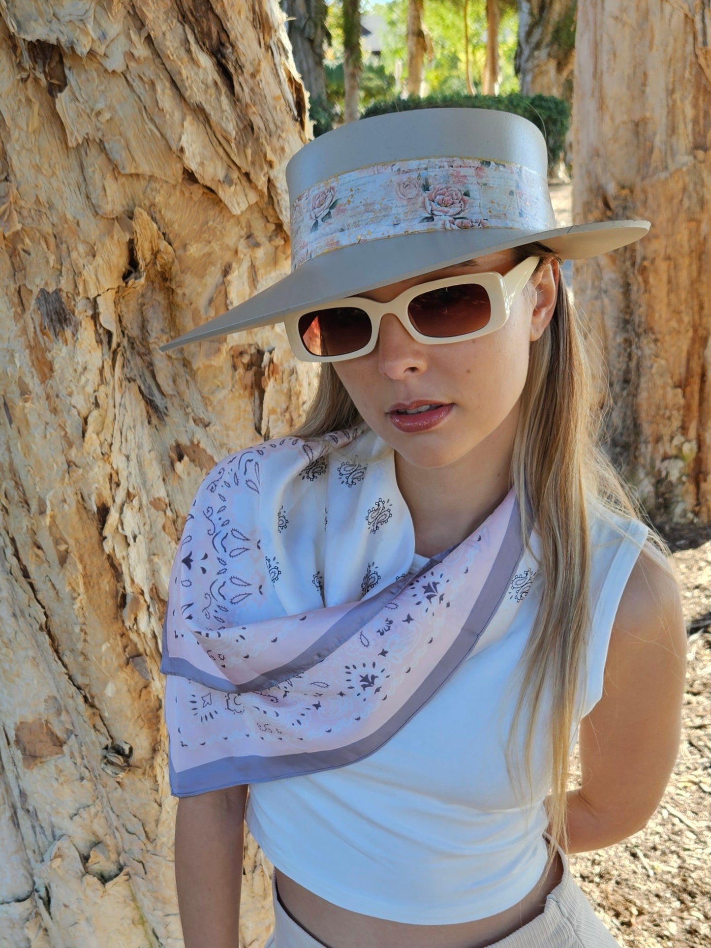 Tall Taupe "LadyEVA" Visor Hat with Delicate Pink Floral Band