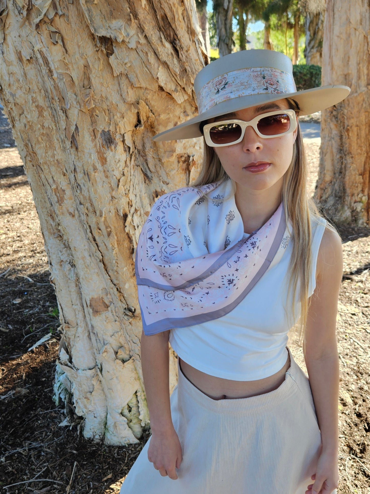 Tall Taupe "LadyEVA" Visor Hat with Delicate Pink Floral Band