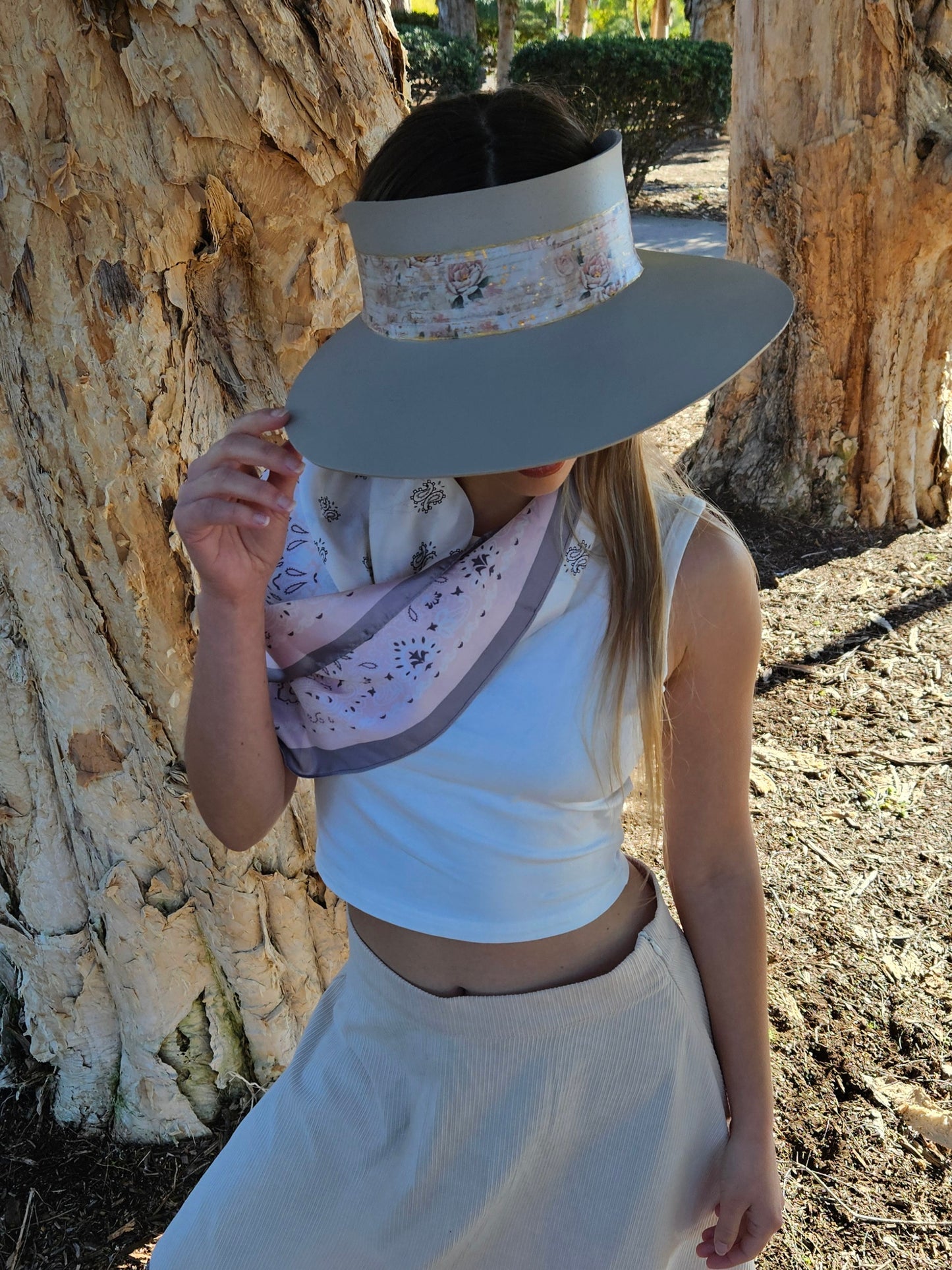 Tall Taupe "LadyEVA" Visor Hat with Delicate Pink Floral Band