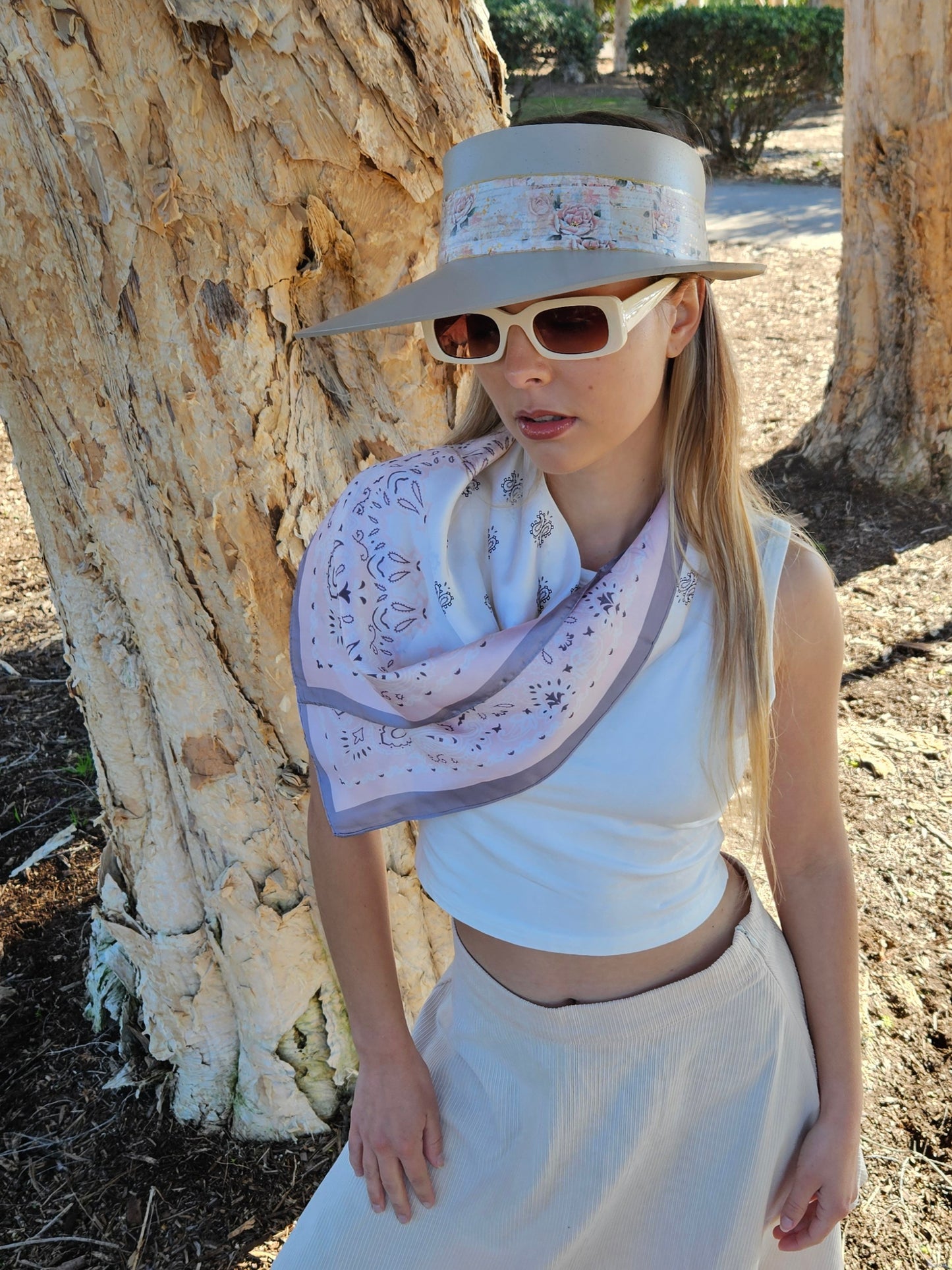 Tall Taupe "LadyEVA" Visor Hat with Delicate Pink Floral Band