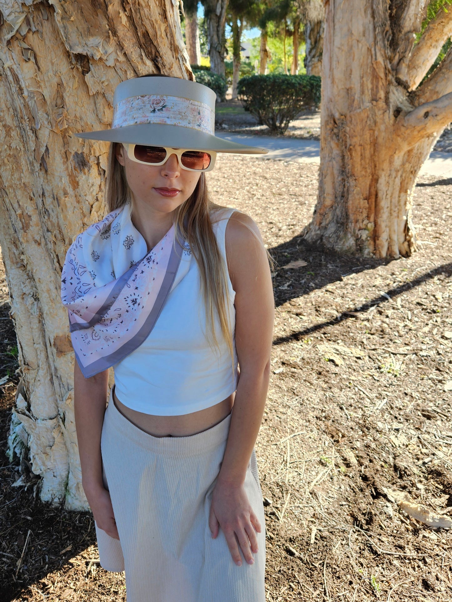 Tall Taupe "LadyEVA" Visor Hat with Delicate Pink Floral Band