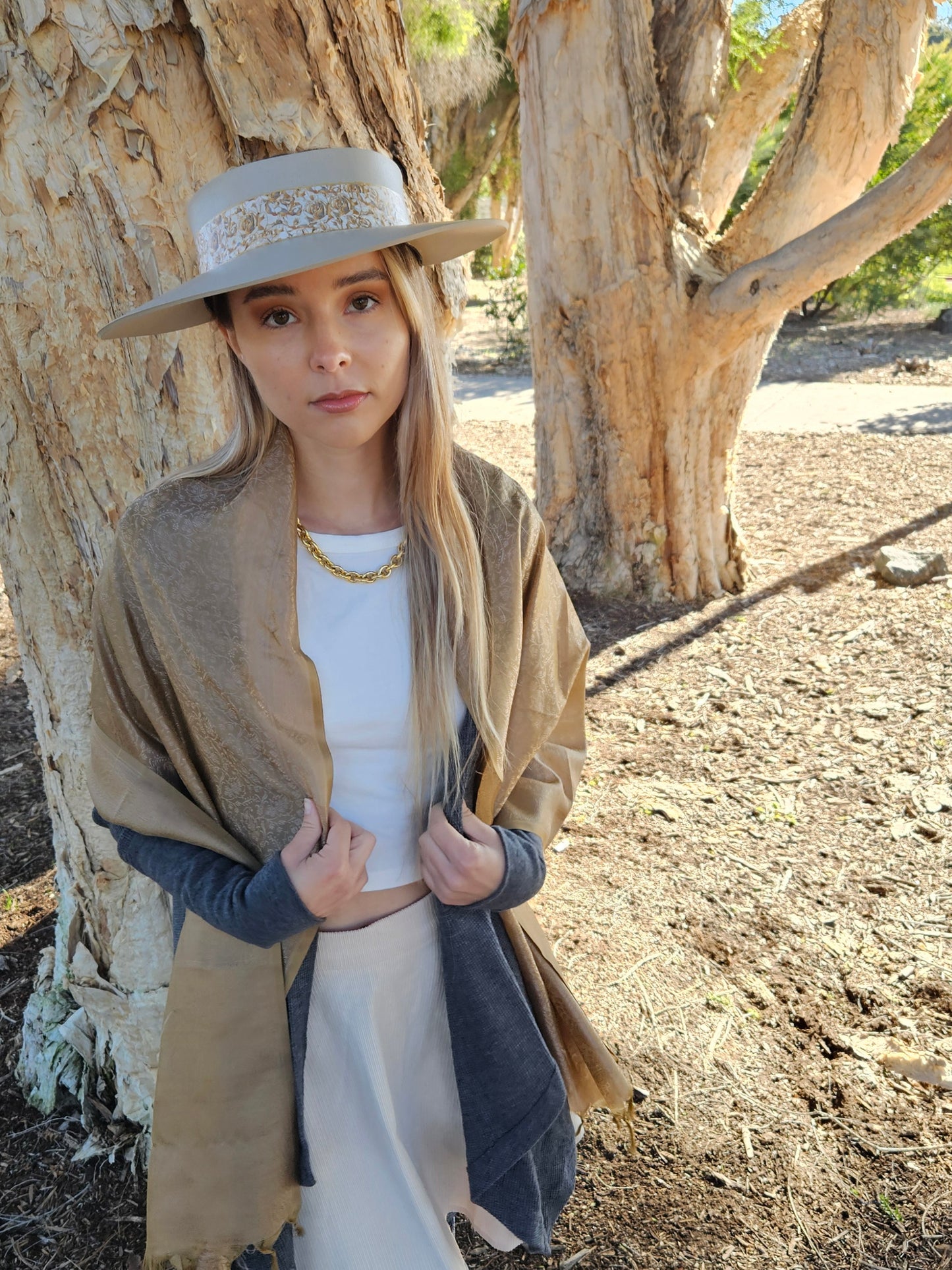 Taupe "LadyEVA" Visor Hat with Golden Floral Band